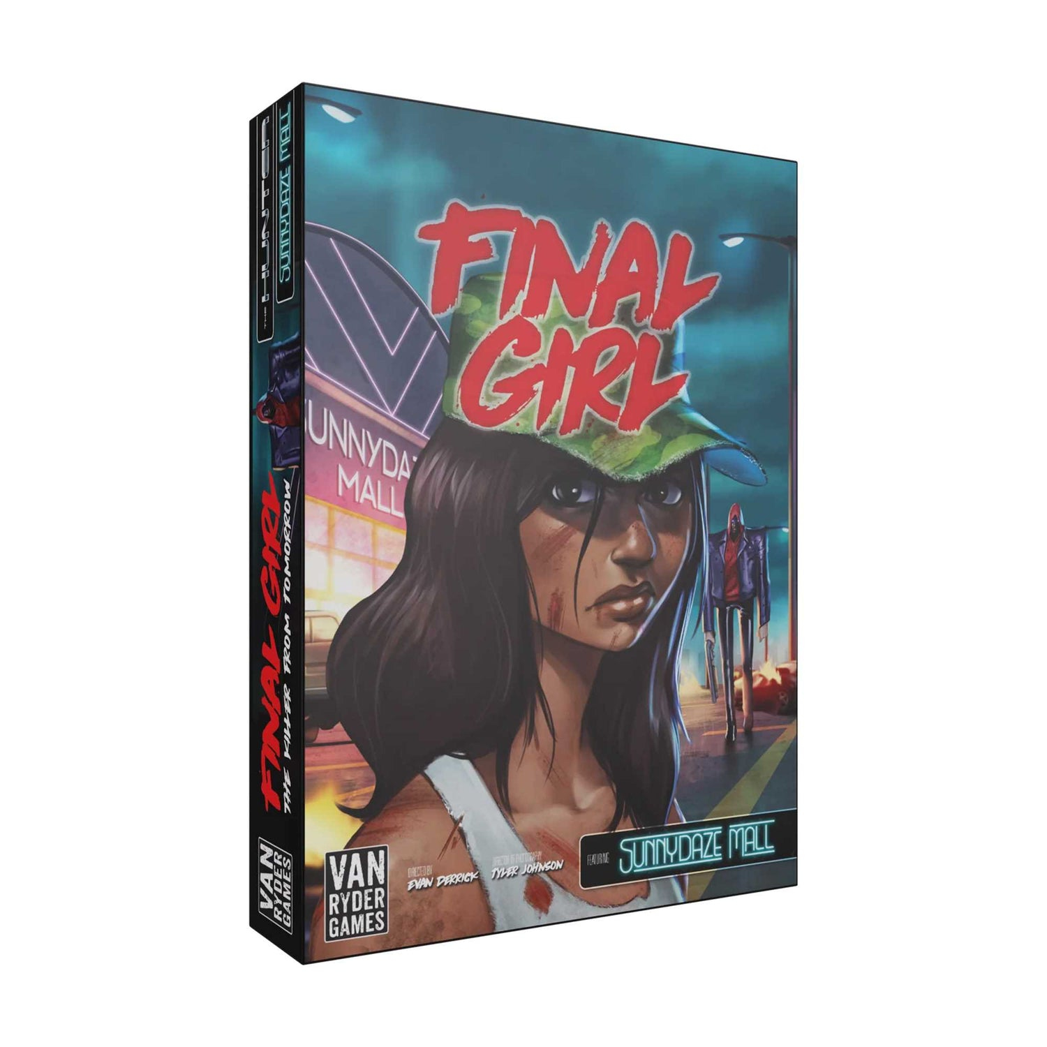 Brettspiel-Box-Art. Eine Frau mit blutverschmiertem Gesicht trägt einen Hut, der Titel "Final Girl" steht darüber. Eine Figur geht im Hintergrund.