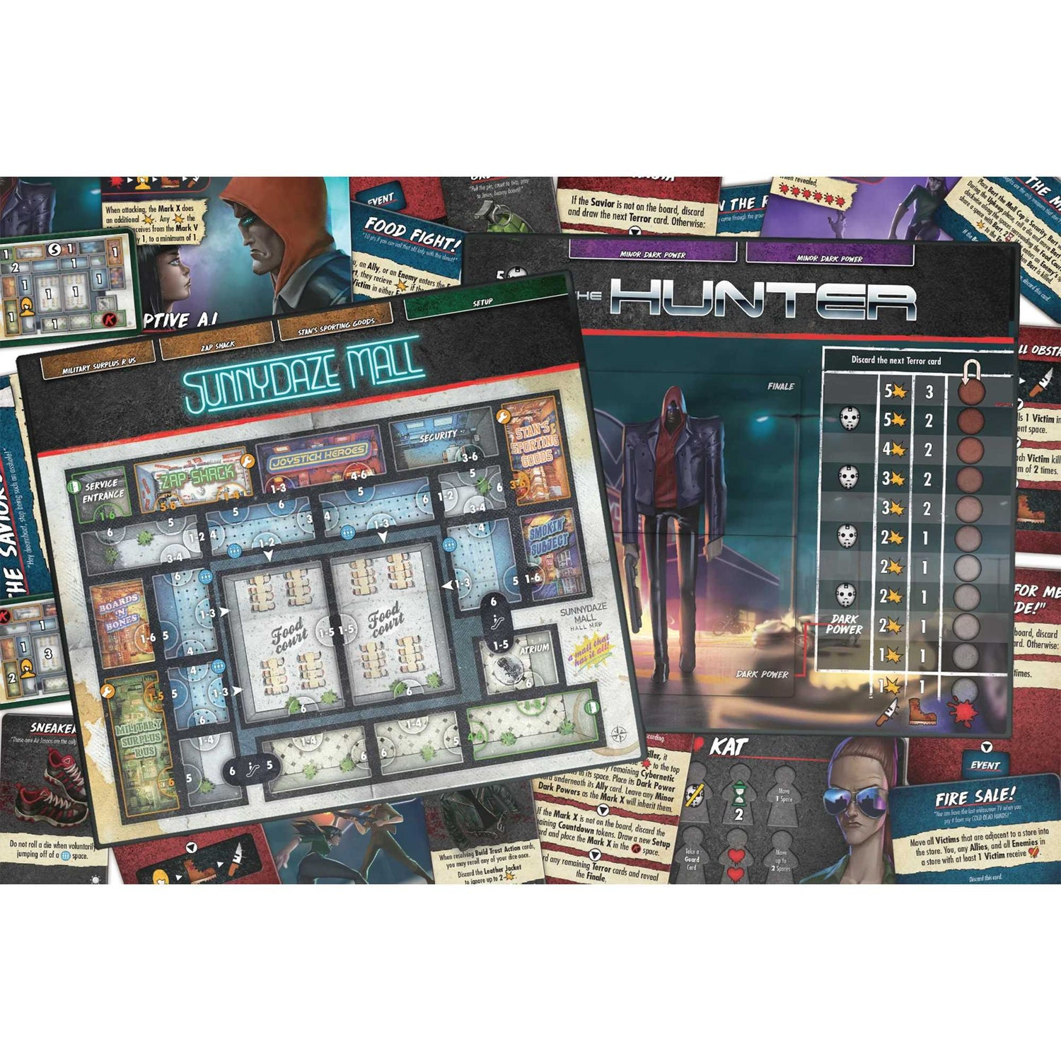 Brettspiel mit Karten und Charakteren. Eine Mall-Karte befindet sich in der Mitte. Das Spiel beinhaltet Strategie und Würfel.