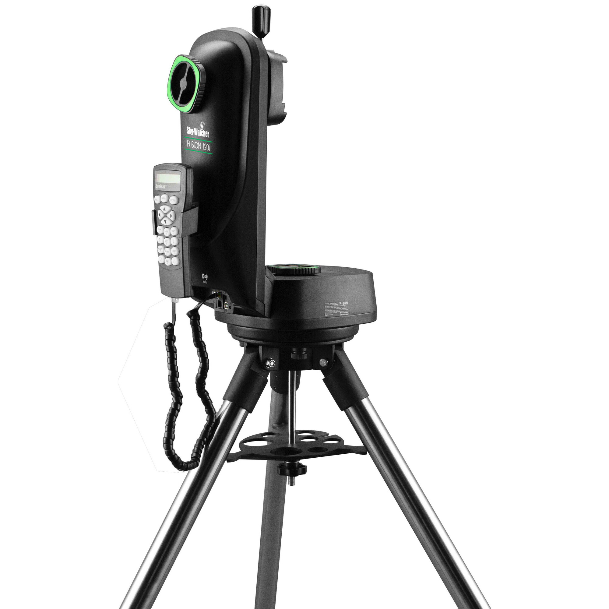 Ein schwarzes Teleskop auf einem silbernen Stativ. Es hat ein Bedienfeld und die Aufschrift 'Sky-Watcher Fusion 120'.