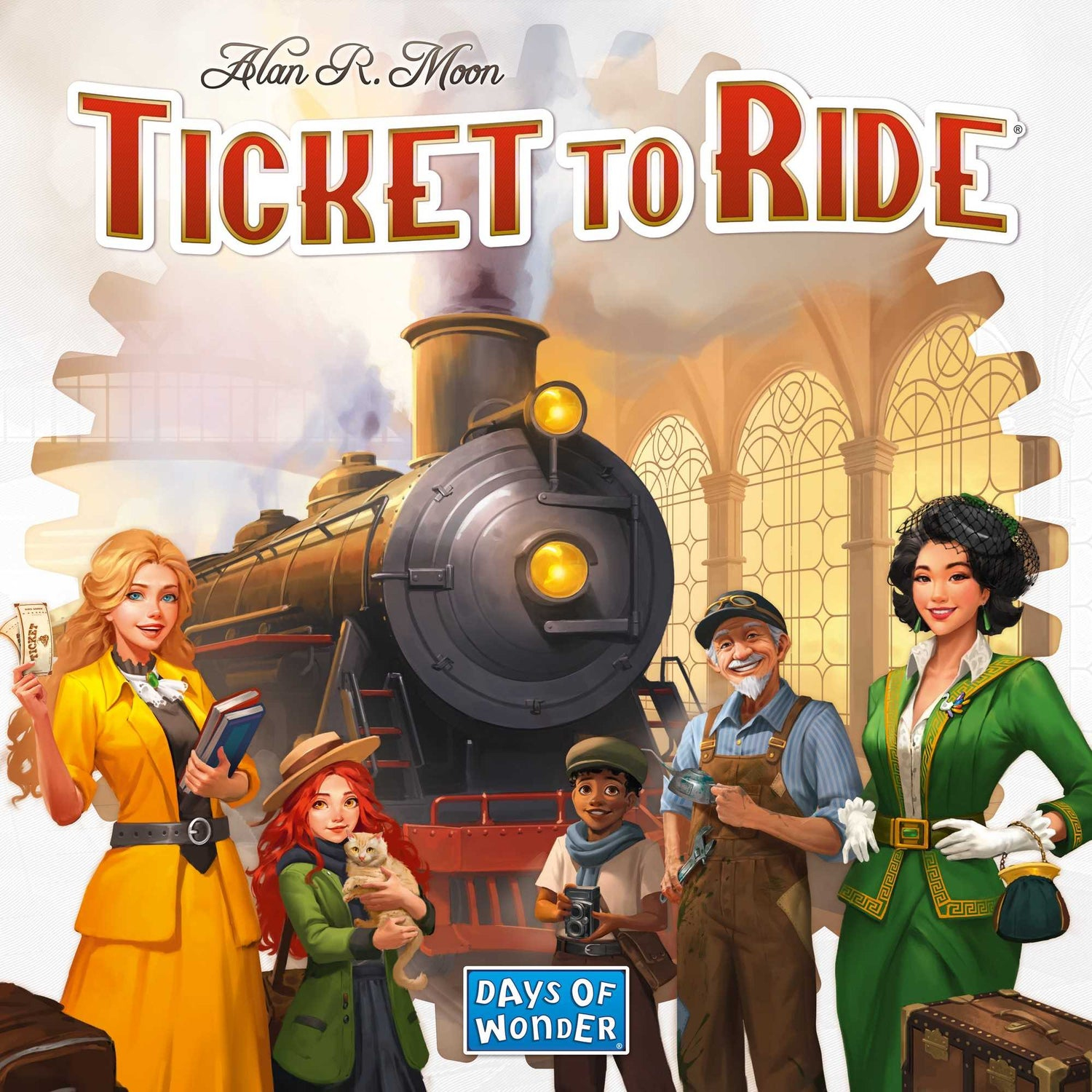 Brettspielcover: 'Ticket to Ride'. Menschen stehen neben einem Zug in einem Bahnhof. Eine Dampflok ist im Hintergrund.