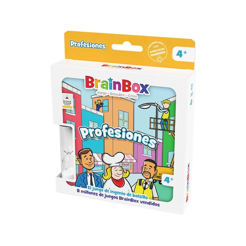 Una caja del juego BrainBox Profesiones. Muestra diferentes profesiones como un panadero, un hombre de negocios y un trabajador de la construcción. El juego es para mayores de 4 años.