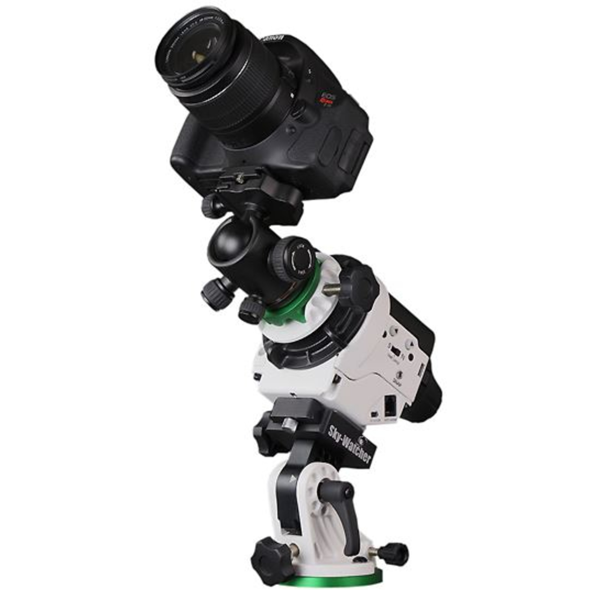 Eine schwarze Kamera ist auf einer weiß-schwarzen astronomischen Halterung montiert. Es hat grüne und schwarze Akzente.