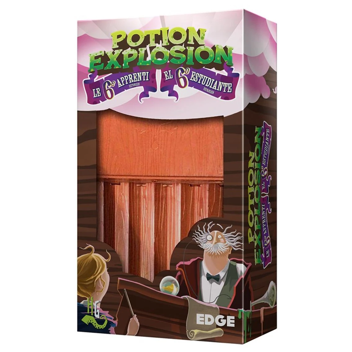 Caja de juego con el título 'Potion Explosion', un mago y un estudiante. La caja presenta texto en inglés, español y francés.