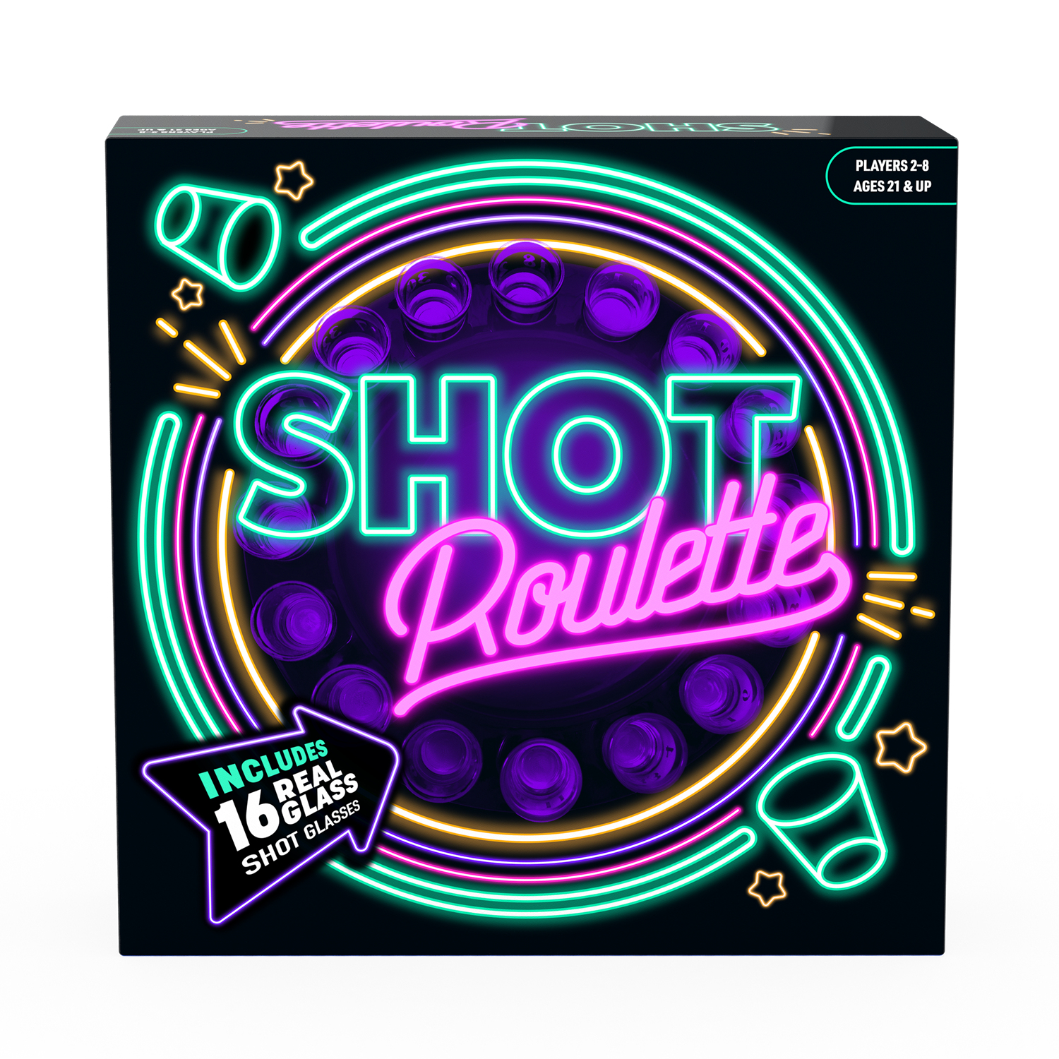 Une boîte de jeu Shot Roulette. Enseigne au néon avec "Shot Roulette" et 16 verres à shot. La boîte est noire avec un fond blanc.