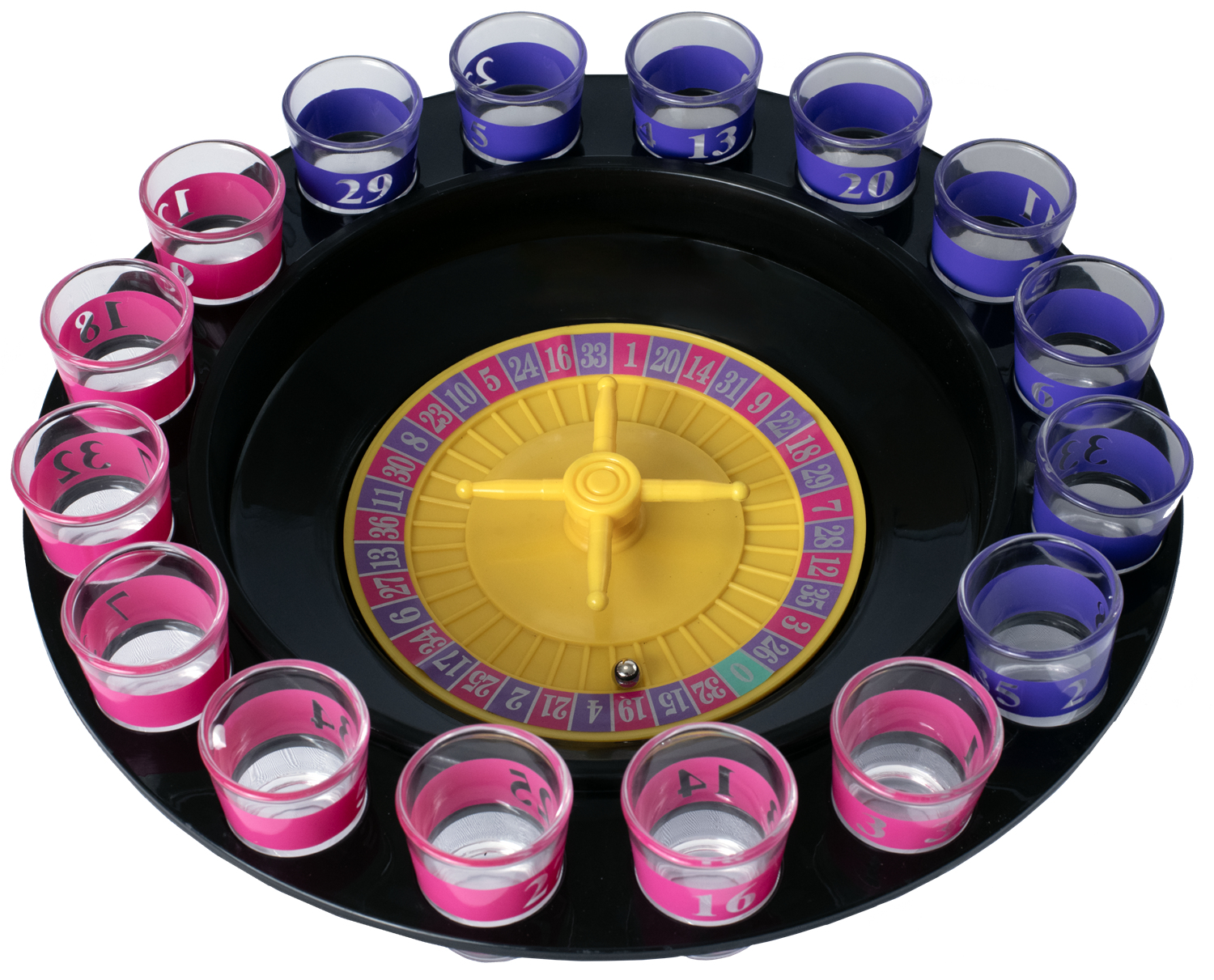 Un jeu de roulette avec des verres à shot numérotés. Une roulette jaune est au centre, entourée de verres à shot.