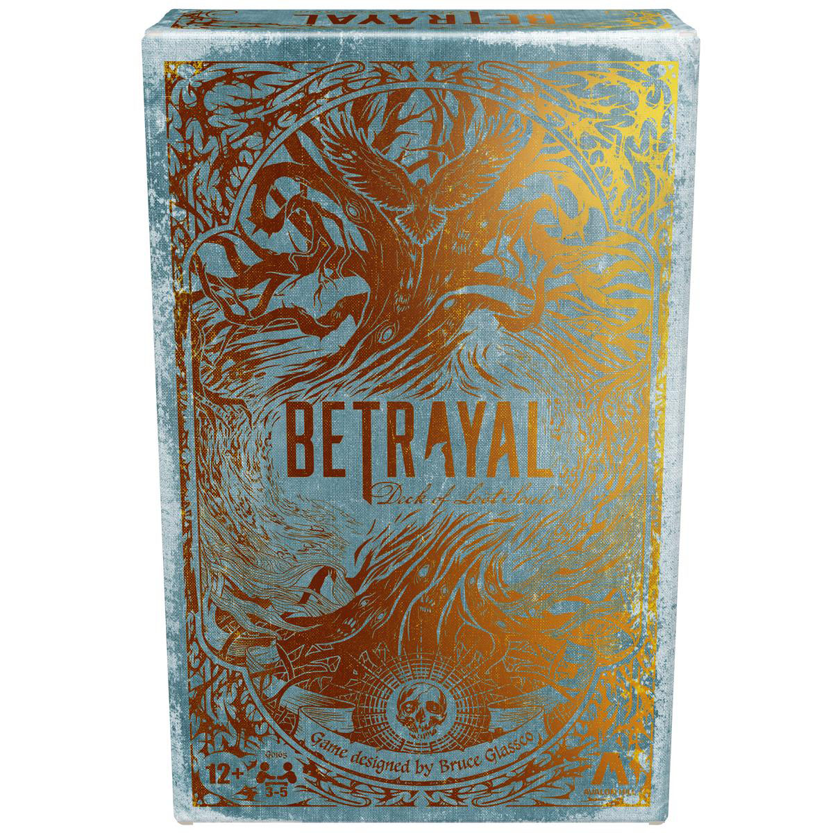 Doos van het spel "Betrayal". Turquoise achtergrond met gouden kunstwerken en tekst. Bevat een adelaar, een schedel en sierlijke ontwerpen.