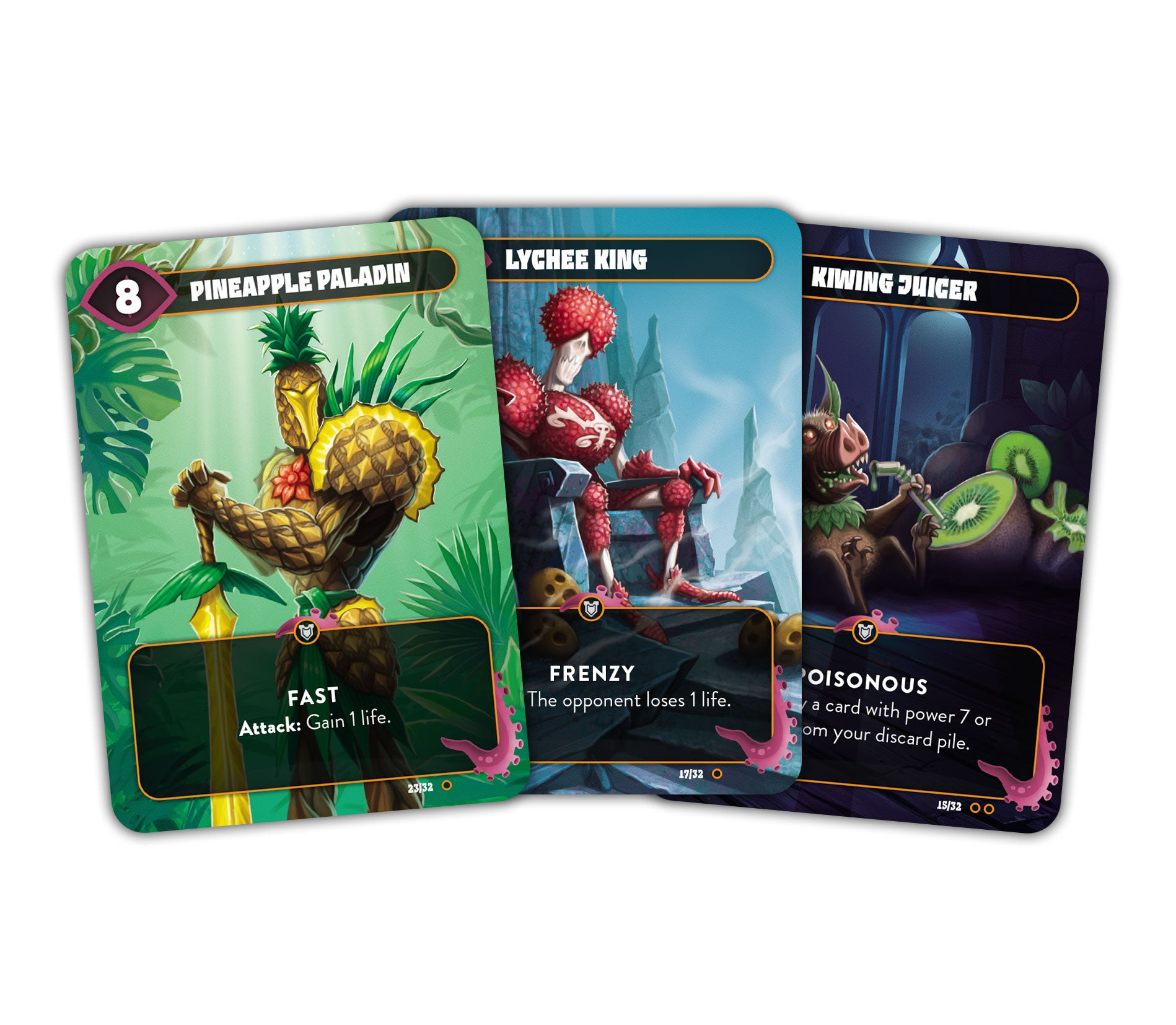 Drei Fantasy-Karten: Ananas-Paladin, Lychee-König und Kiwing-Juicer. Jede Karte zeigt einen einzigartigen Charakter und Spieltext.