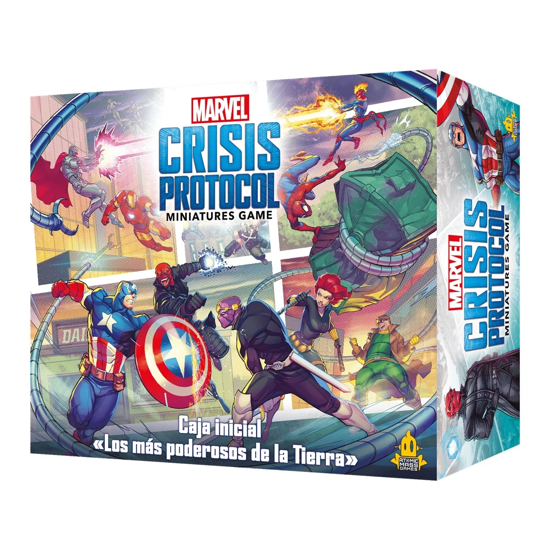 Pudełko gry Marvel Crisis Protocol. Kapitan Ameryka i inni bohaterowie walczą ze złoczyńcami. Kolorowa grafika.