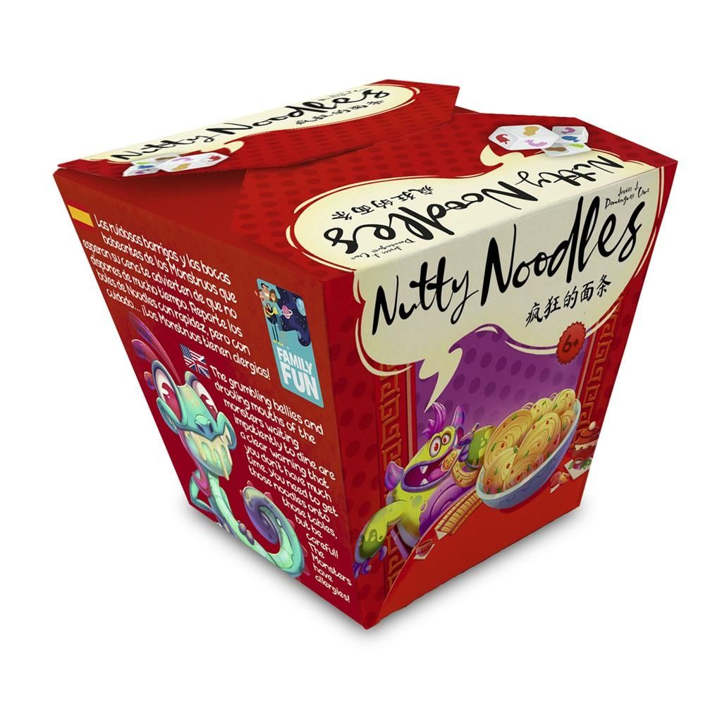 Caja roja de 'Nutty Noodles' con un monstruo de dibujos animados sosteniendo fideos. Texto en inglés y chino.