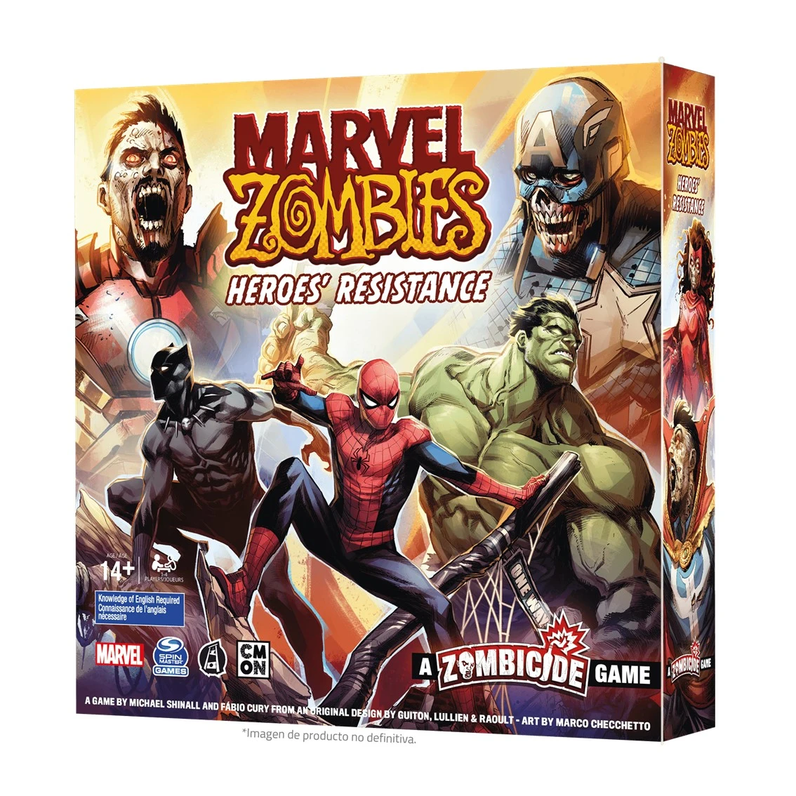 Arte de la caja del juego de mesa Marvel Zombies. Presenta versiones zombis de superhéroes, como Capitán América, Hulk y Spider-Man.