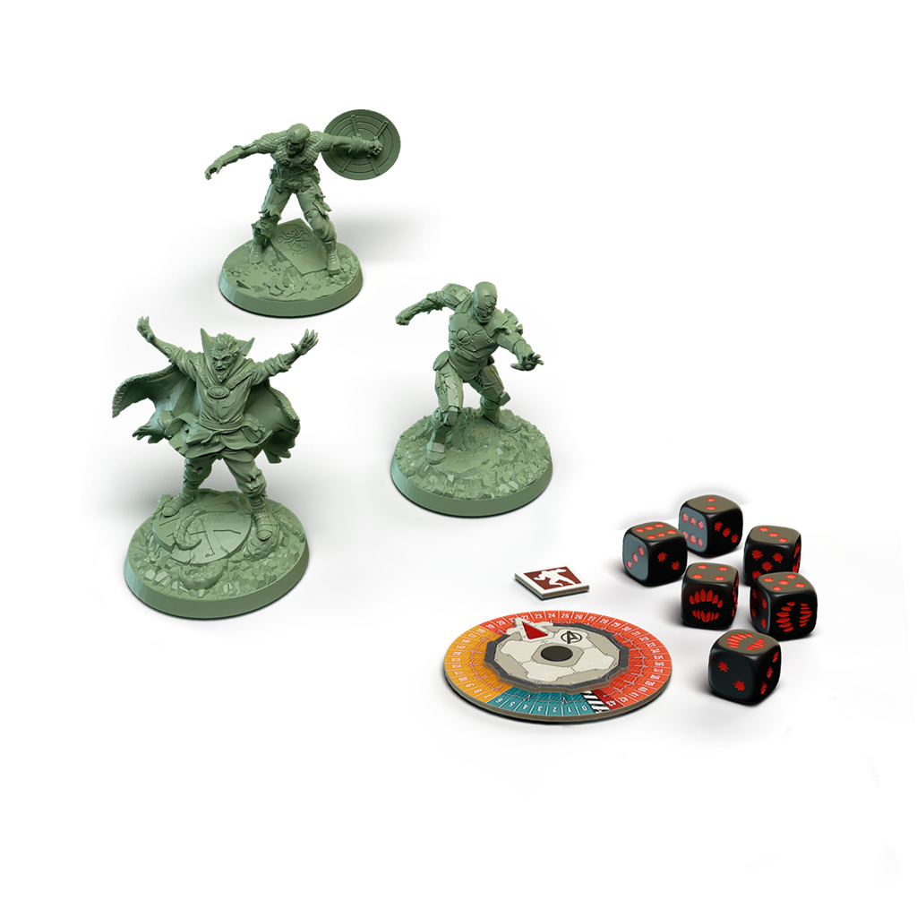 Figuras verdes, dados y un tablero de juego. Los personajes incluyen una figura con un escudo y otra con capa. Los dados son negros con símbolos rojos.