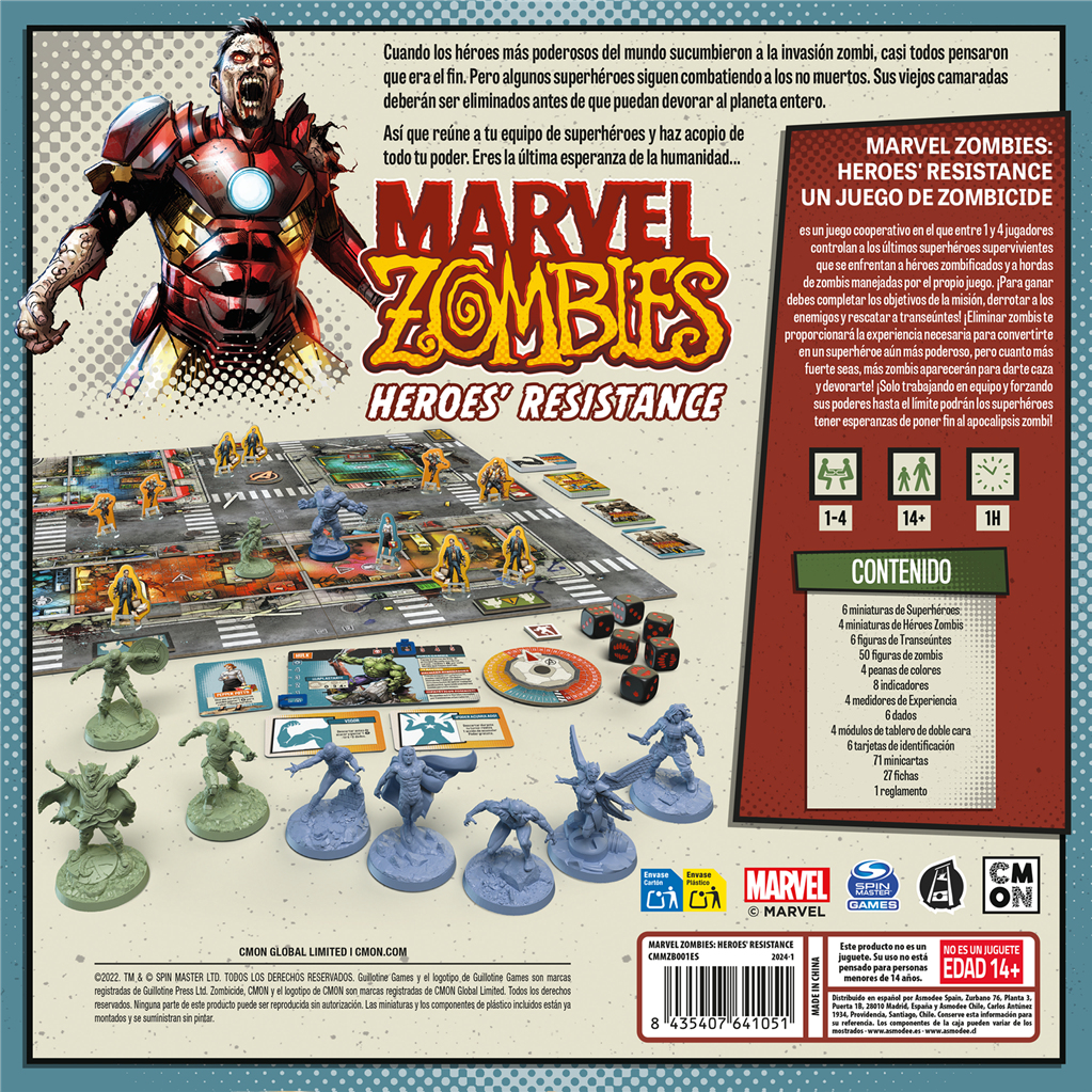 Arte de la caja del juego de mesa Marvel Zombies: Heroes' Resistance, con Iron Man zombi y componentes del juego.