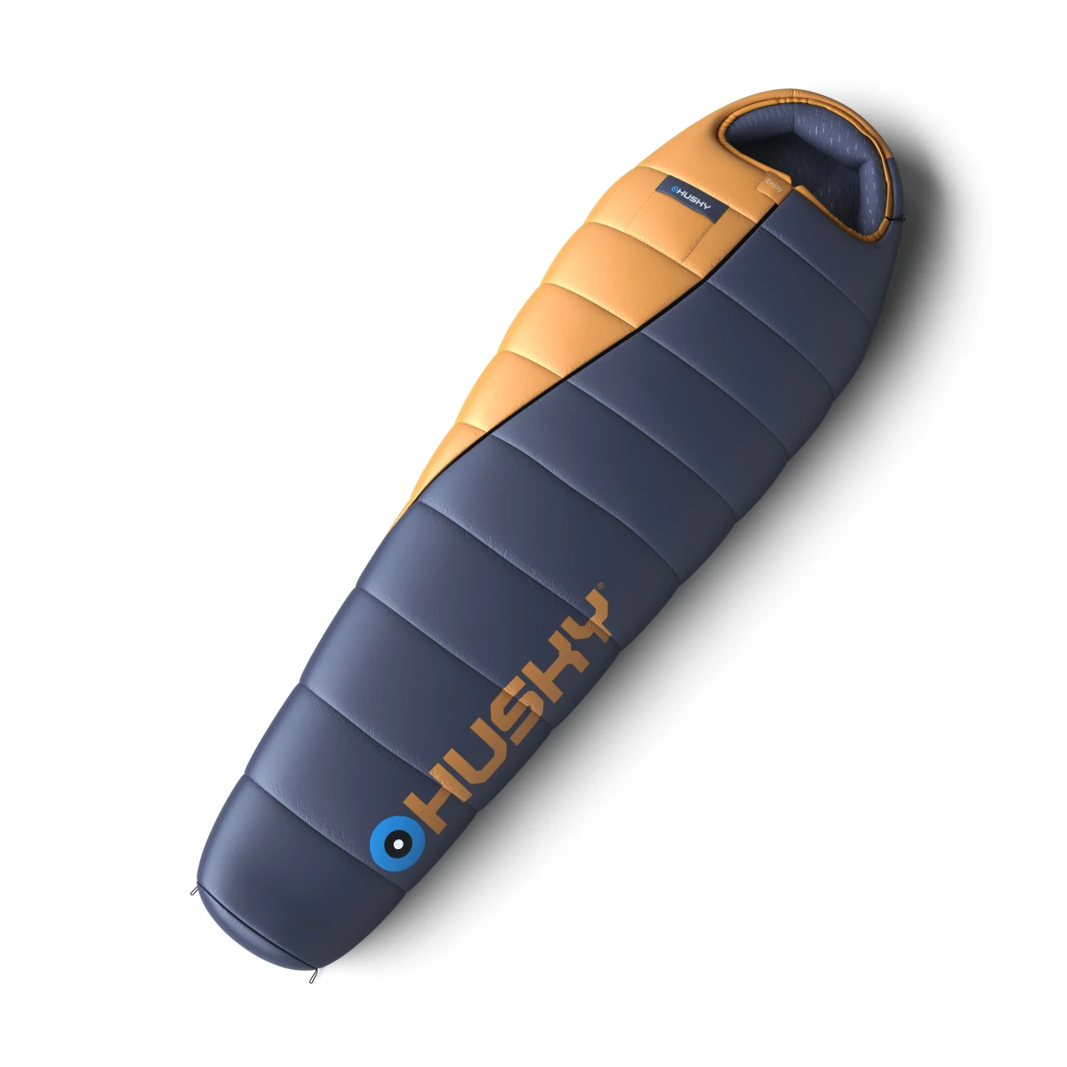 Ein Schlafsack auf weißem Grund. Er ist blau und orange, mit dem Markennamen 'HUSKY' bedruckt.