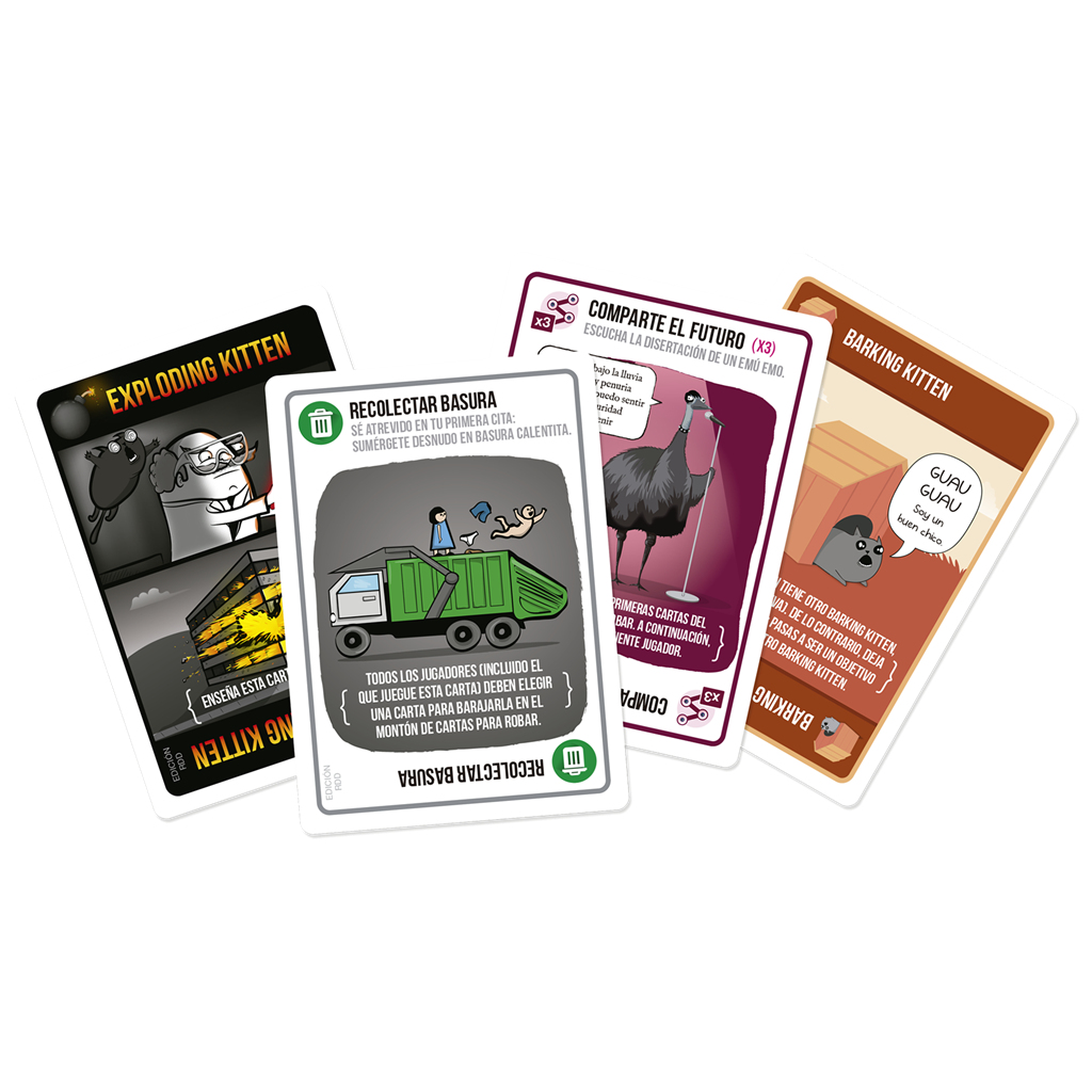 Cartas del juego Exploding Kittens: Exploding Kitten, Recolectar Basura, Comparte el Futuro y Barking Kitten.