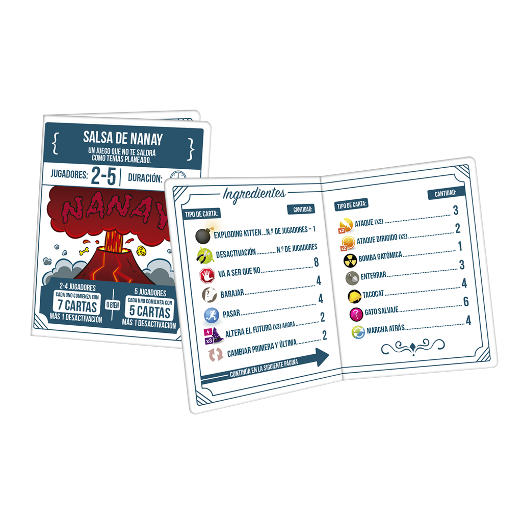 Un juego de cartas con cartas que muestran texto e ilustraciones. El juego se llama Salsa de Nanay.