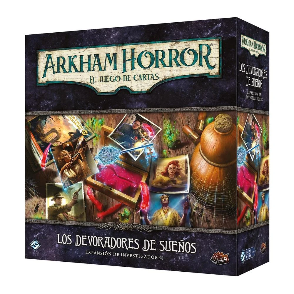 Caja del juego de cartas Arkham Horror. Tiene el título, imágenes de investigadores y el nombre de la expansión 'Los Devoradores de Sueños'.
