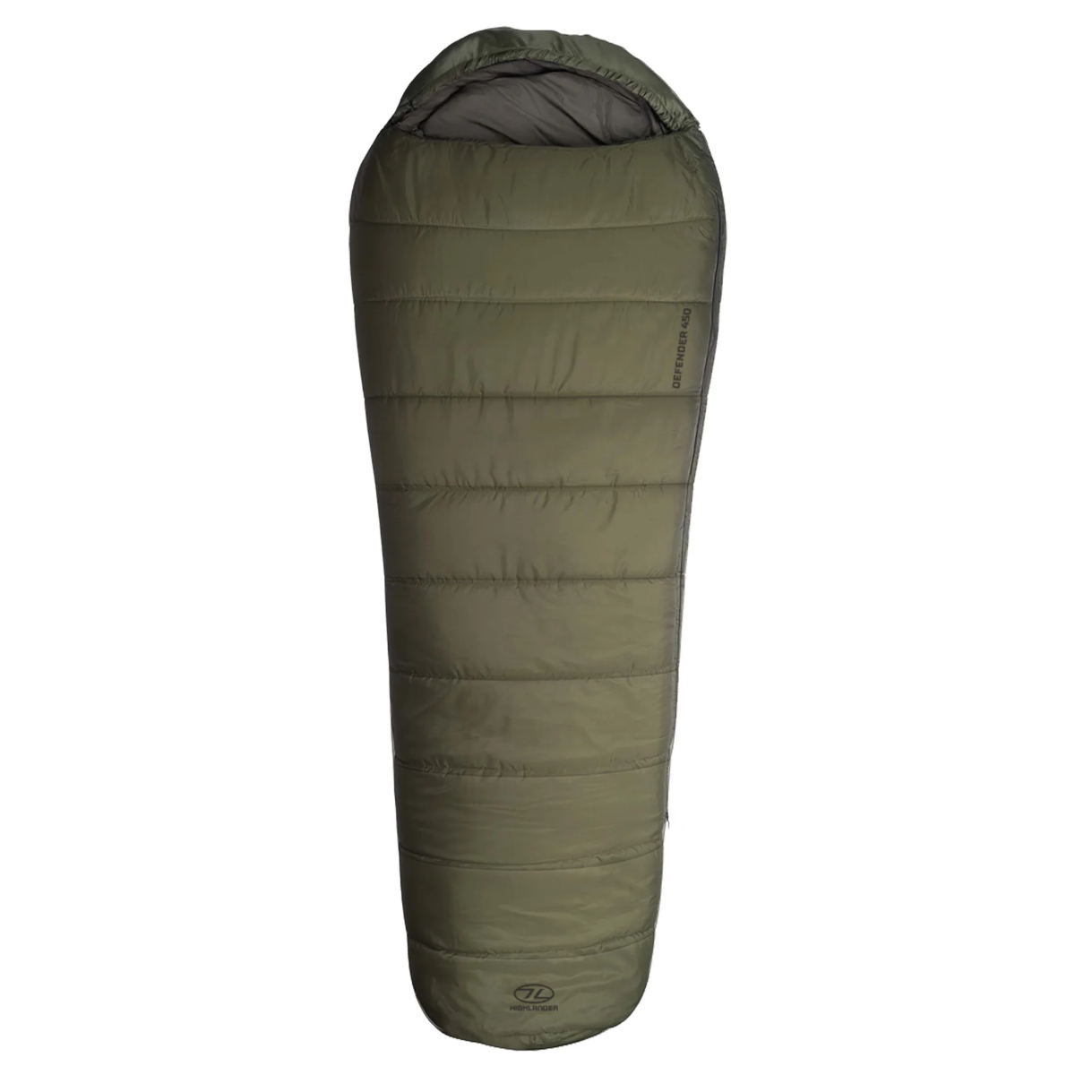 Ein olivgrüner Schlafsack auf weißem Hintergrund. Es ist ein Highlander Defender 400 Modell, mit Kapuze und Steppdesign.