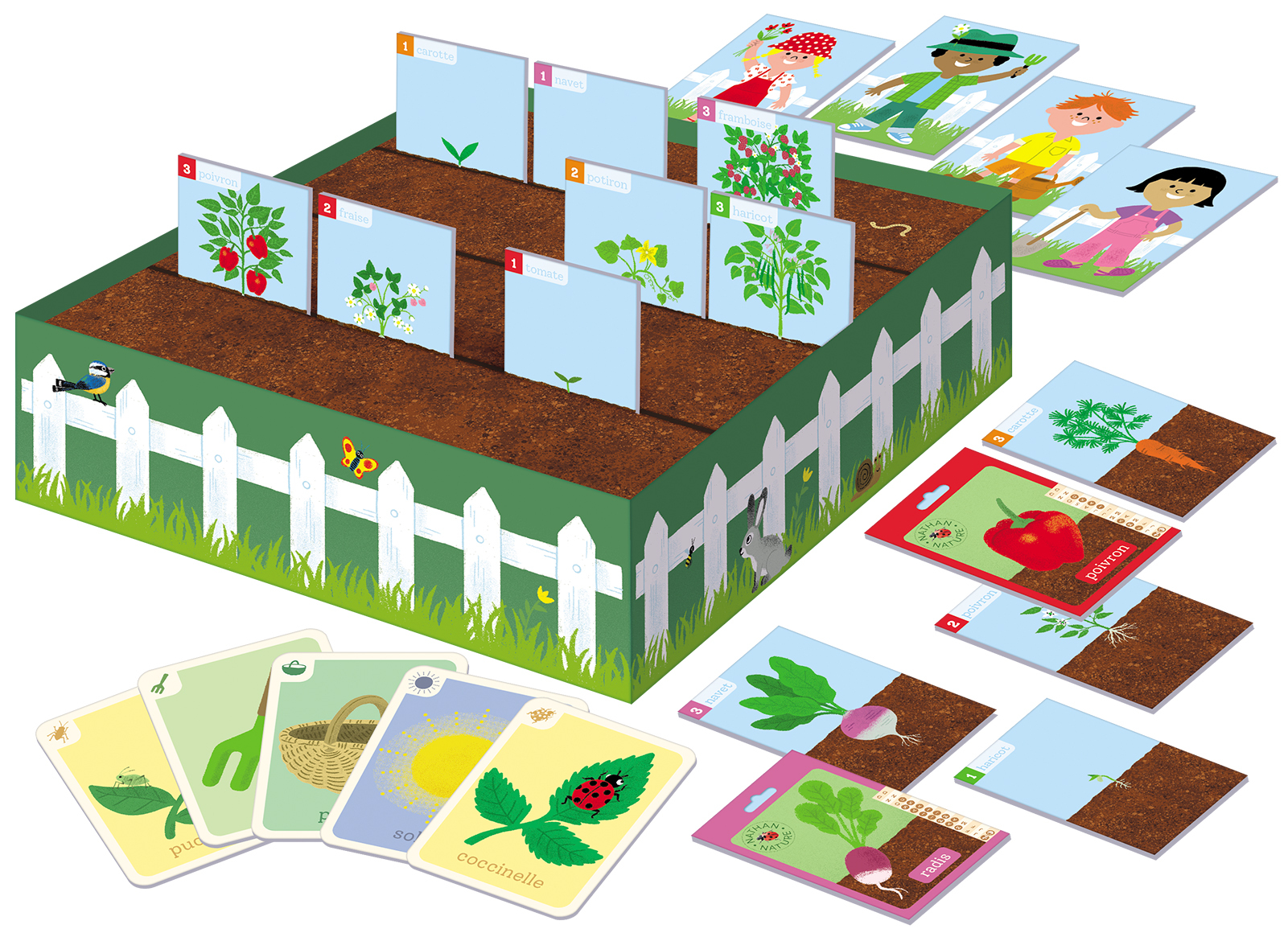 Ein Gartenspiel mit Holzkiste, Karten und Pflanzenillustrationen. Kinder werden mit Karten dargestellt. Gemüse wie Karotten und Tomaten werden gezeigt.