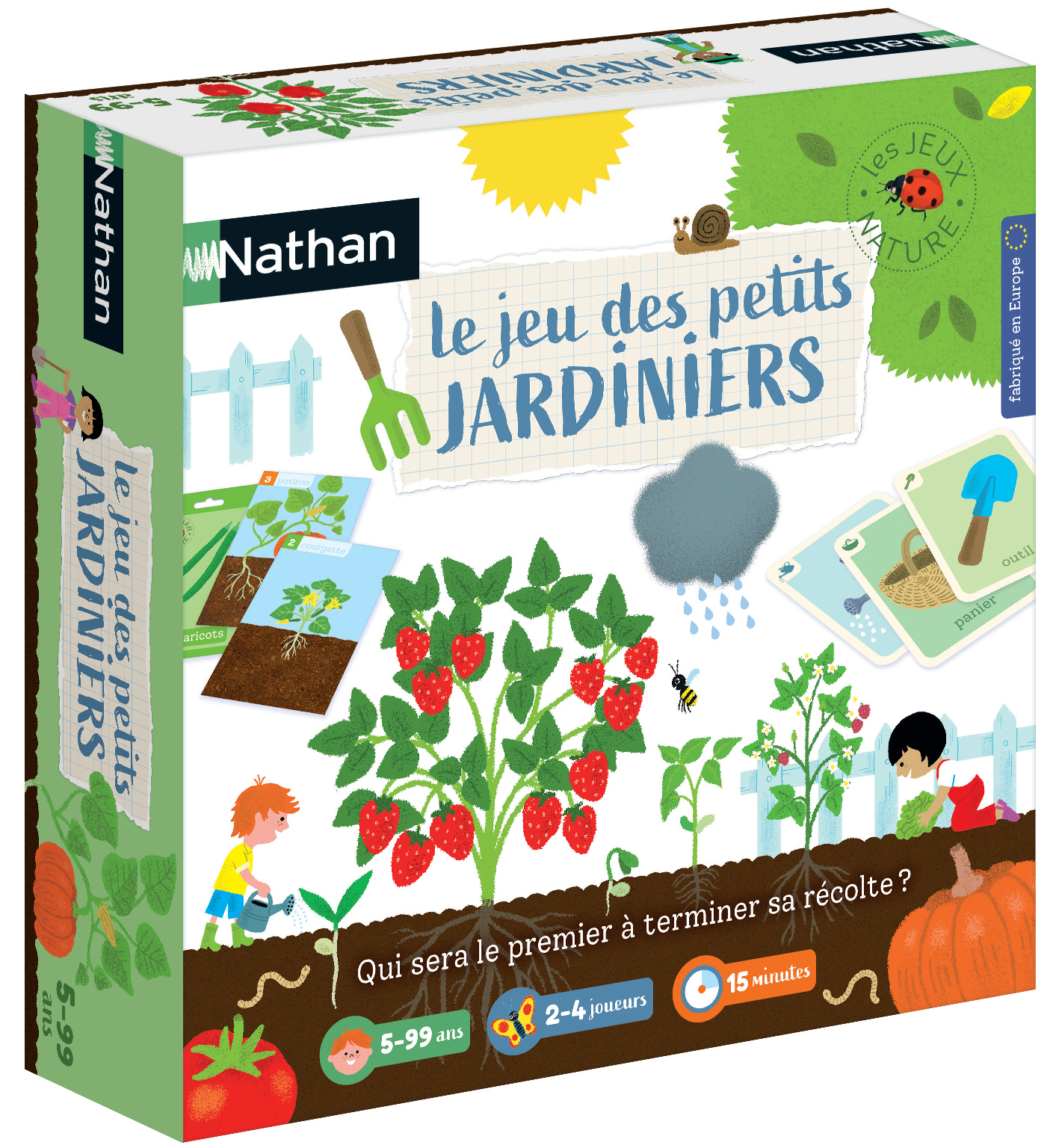Schachtelkunst für ein Kinderspiel. Es zeigt eine Gartenszene mit Erdbeerpflanzen, einem gießenden Jungen und Text auf Französisch.