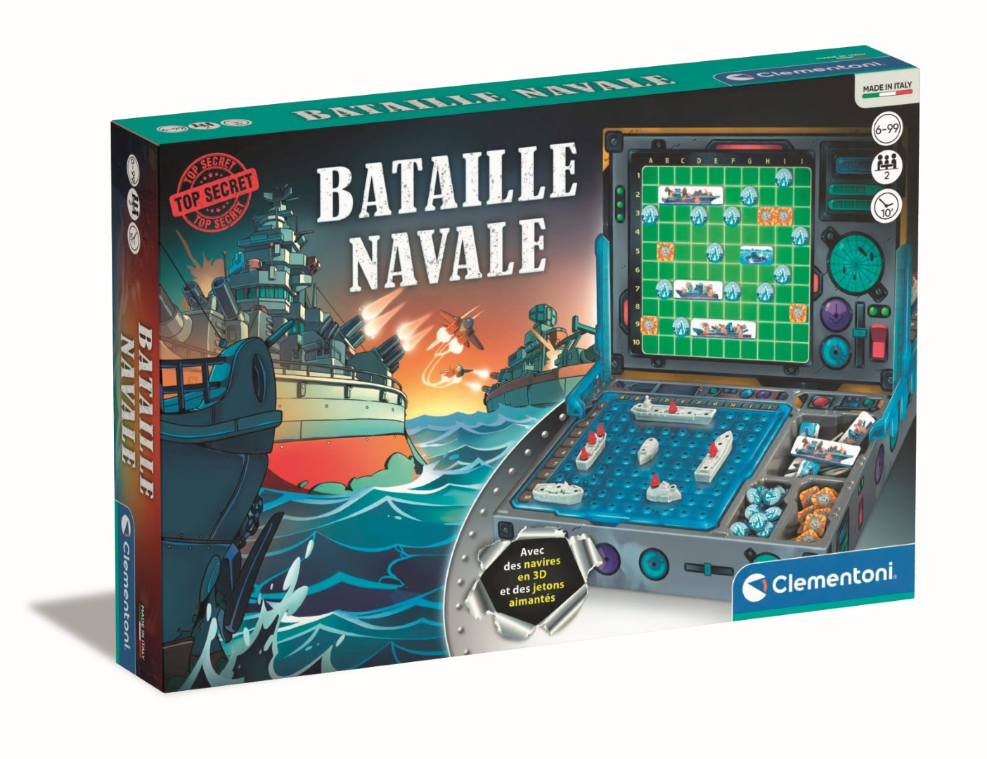 Scatola del gioco Battaglia Navale. Mostra un tabellone di gioco con navi e un'illustrazione di battaglia navale. La scatola è di Clementoni.