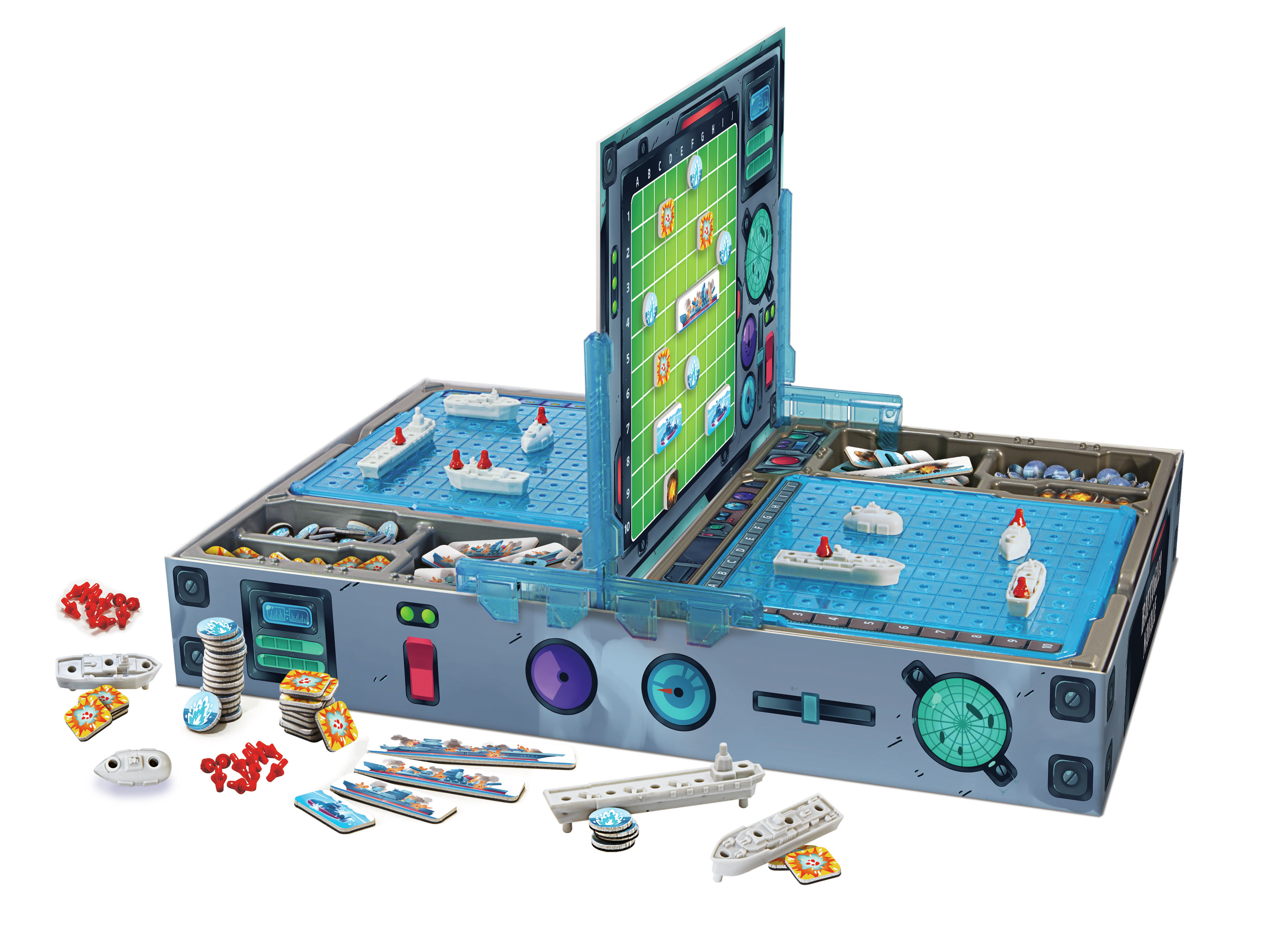 Un gioco di Battaglia Navale con schermo verticale, navi e gettoni. Il gioco è su una superficie bianca.