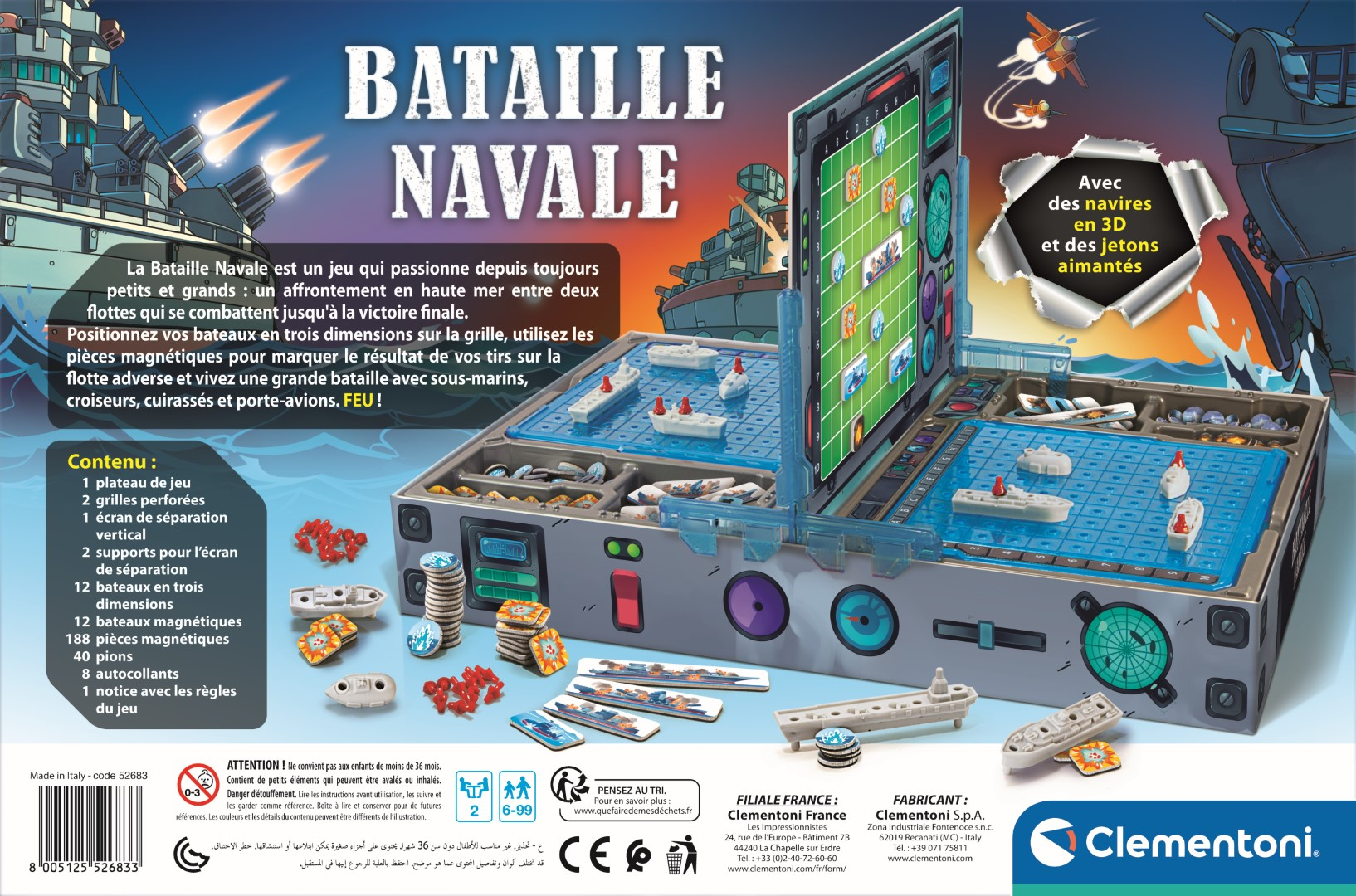 Una scatola del gioco Battaglia Navale mostra una plancia 3D con navi e gettoni magnetici. La scatola dettaglia il contenuto e le regole del gioco.