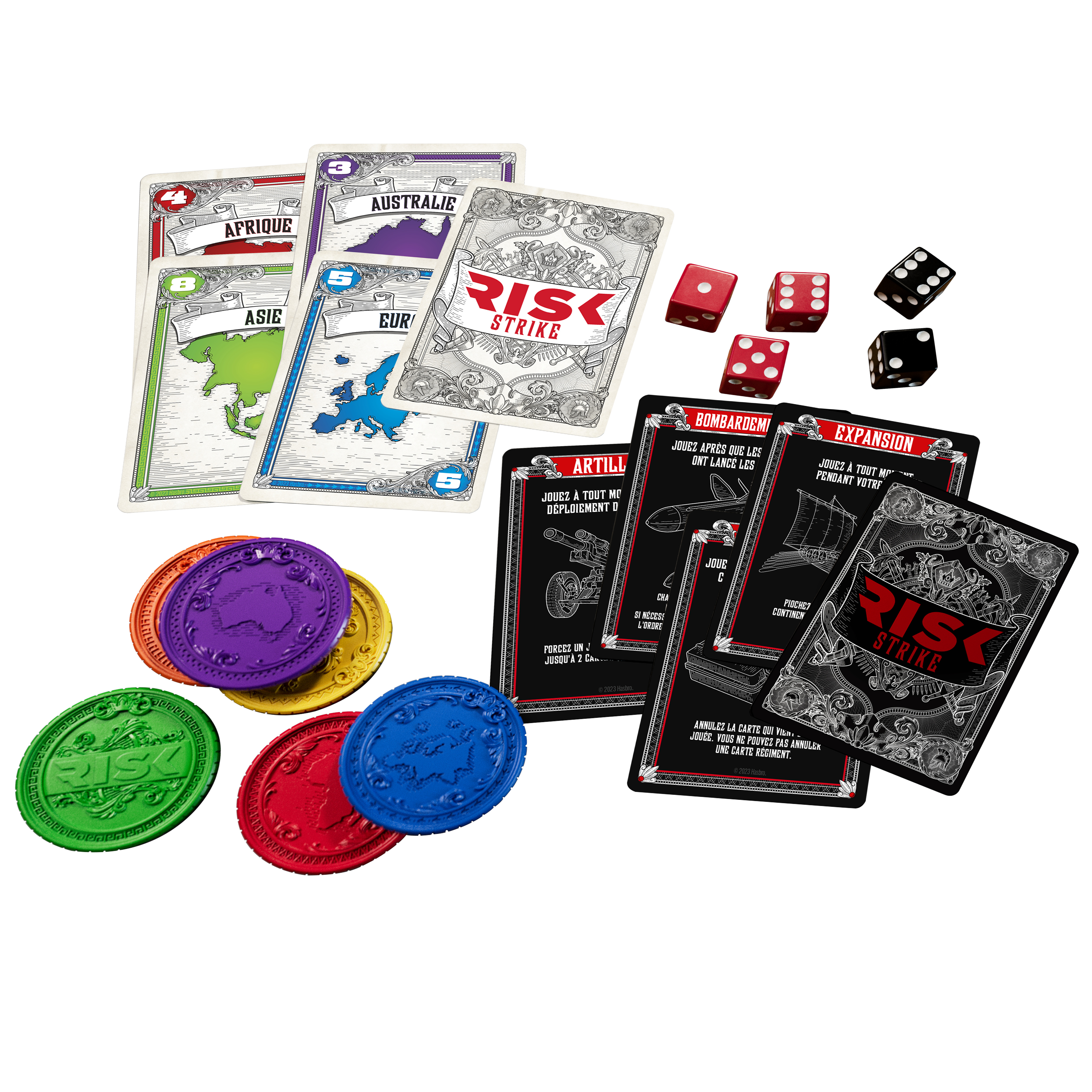 Juego de mesa con cartas, dados y fichas, con mapas y el texto 'RISK STRIKE'.