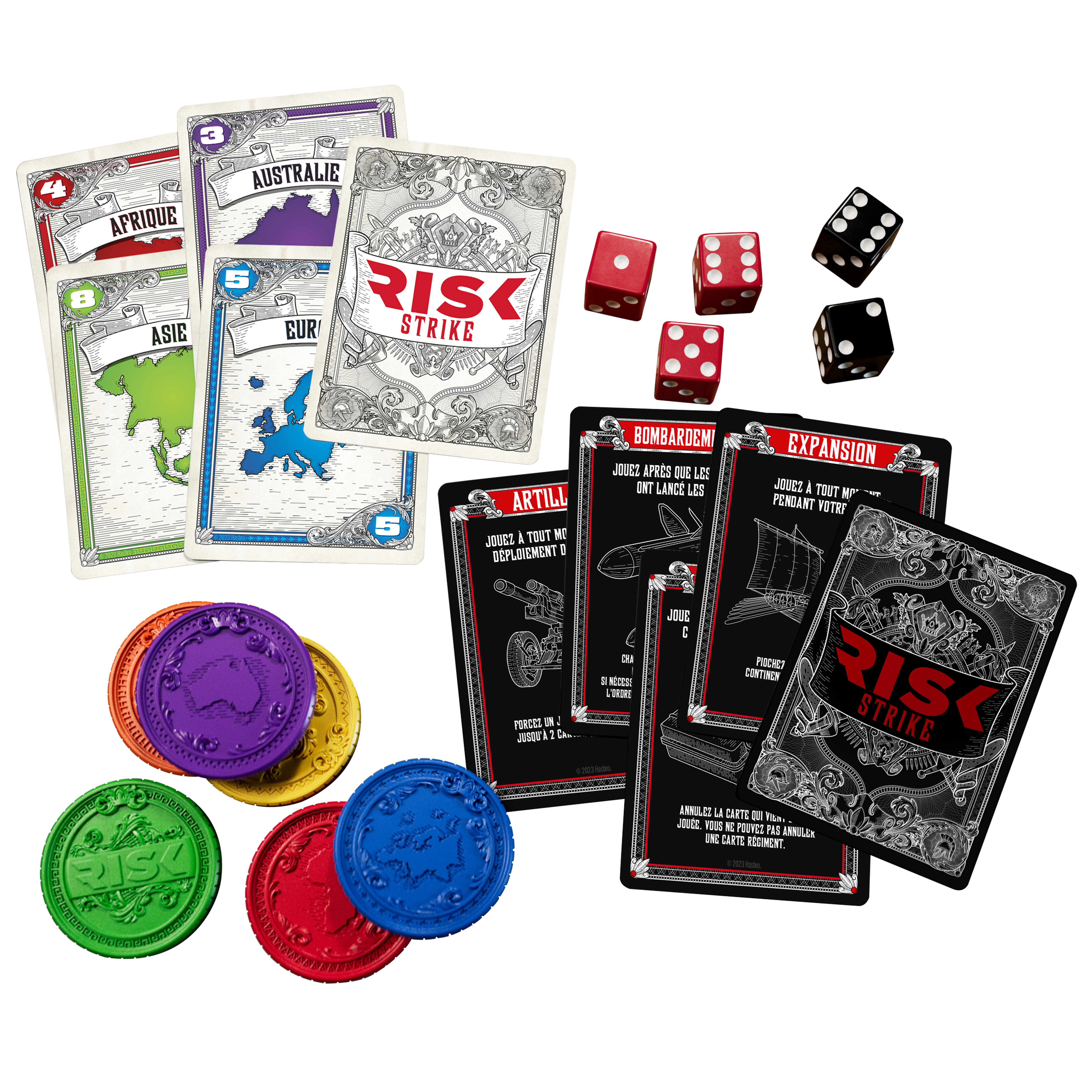 Juego de mesa Risk Strike con cartas, dados y fichas, con mapas e instrucciones. Hay varios colores.