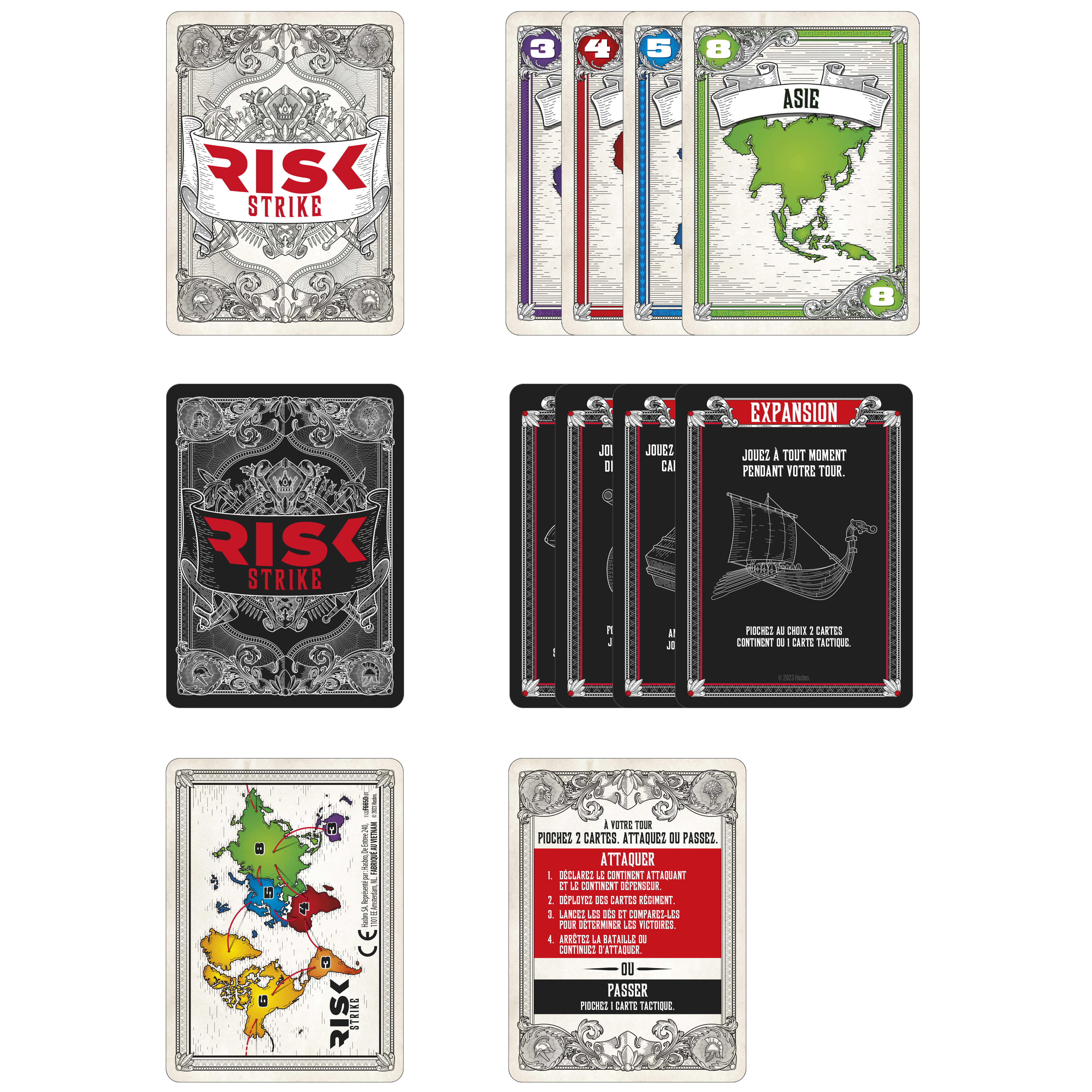 Cartas con elementos del juego. Se ven cartas 'Risk Strike', incluyendo instrucciones y mapas del mundo.