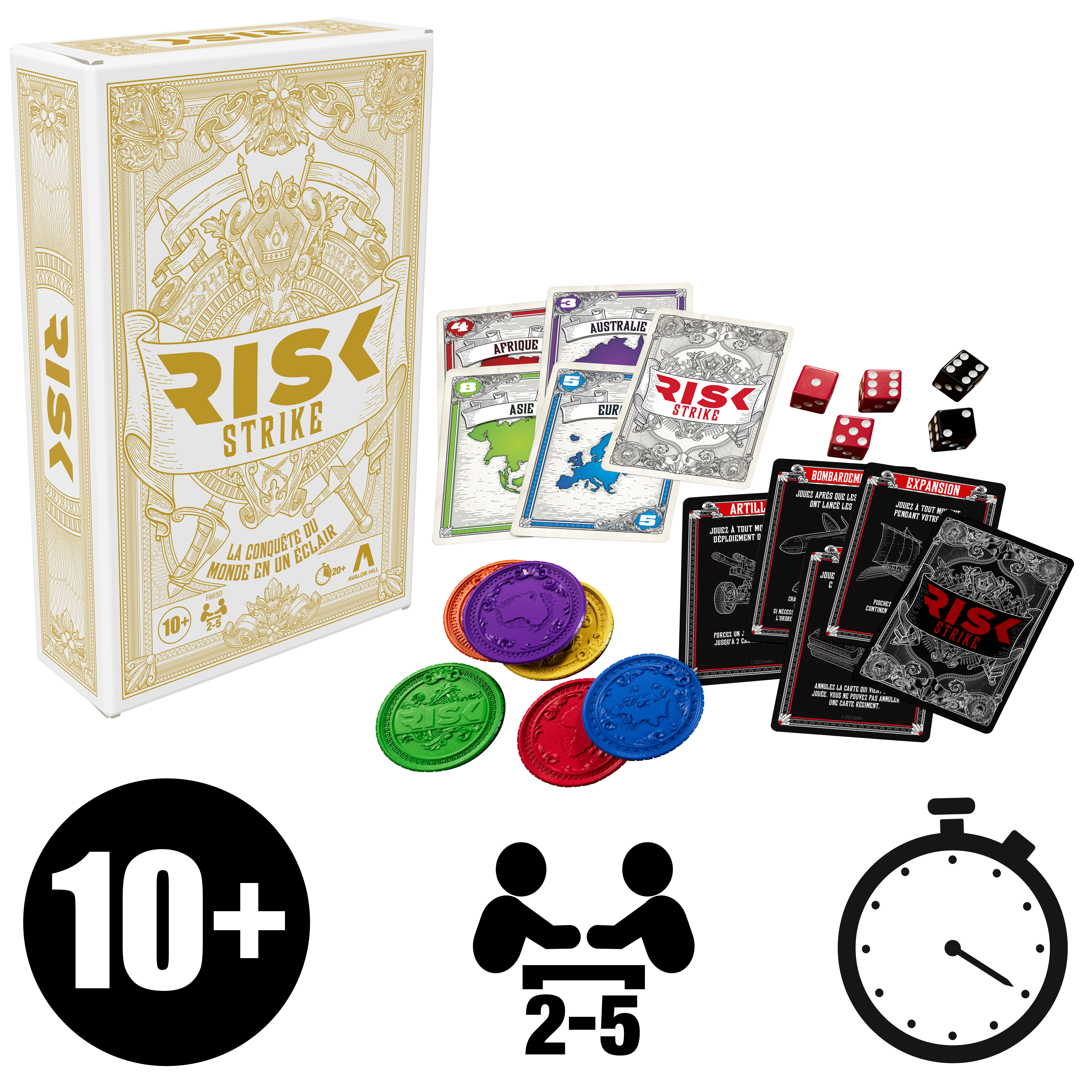 Caja de juego de mesa, cartas, dados y fichas, con el juego Risk Strike. Incluye iconos de edad y número de jugadores.