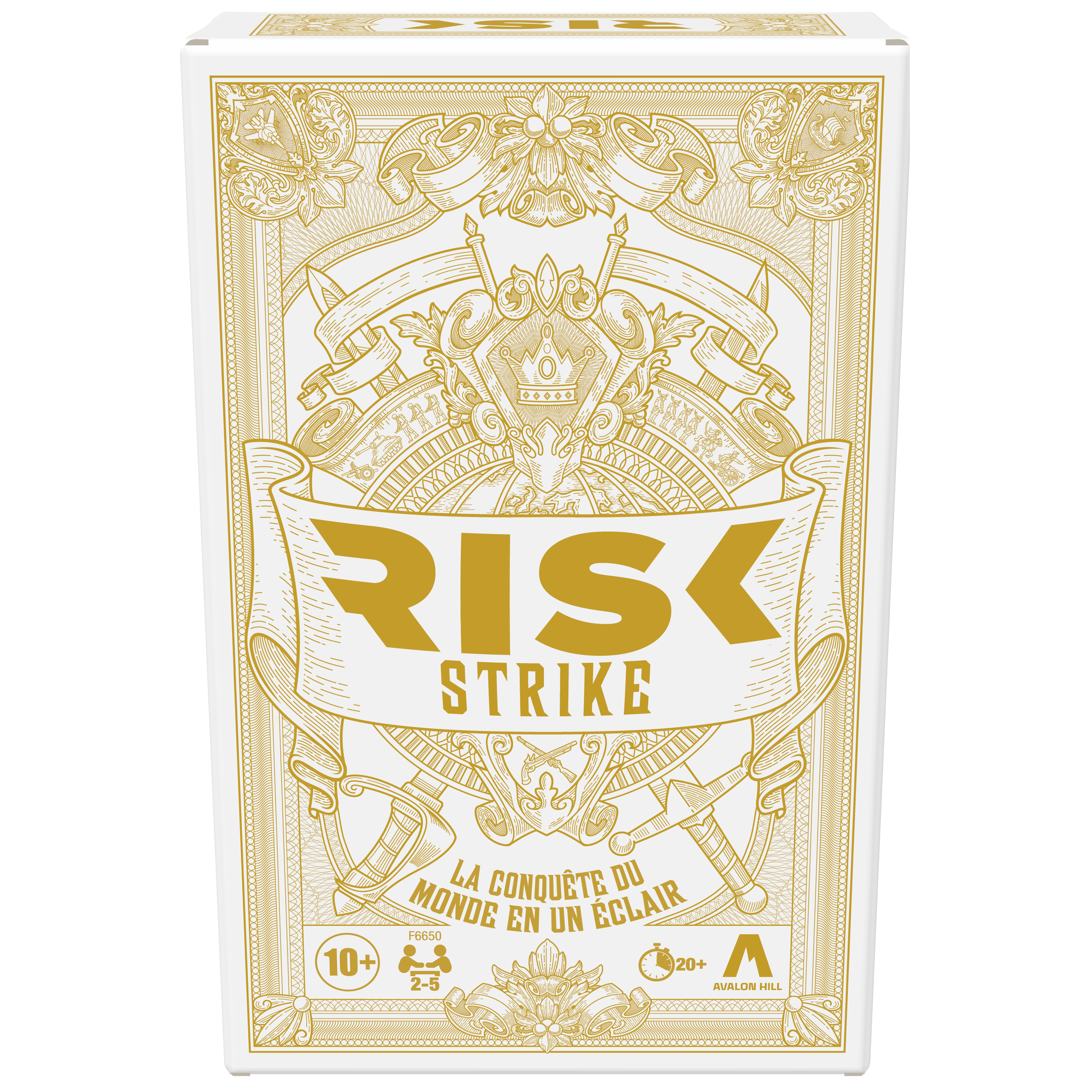 Una caja blanca con detalles dorados. Dice RISK STRIKE, con texto en francés debajo. El logotipo de Avalon Hill está presente.