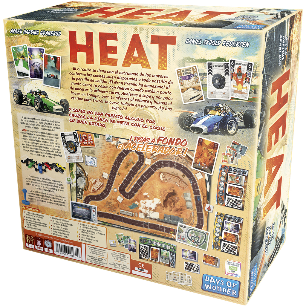 Caja del juego de mesa 'HEAT'. Muestra coches de carreras, una pista y componentes. La caja es colorida.
