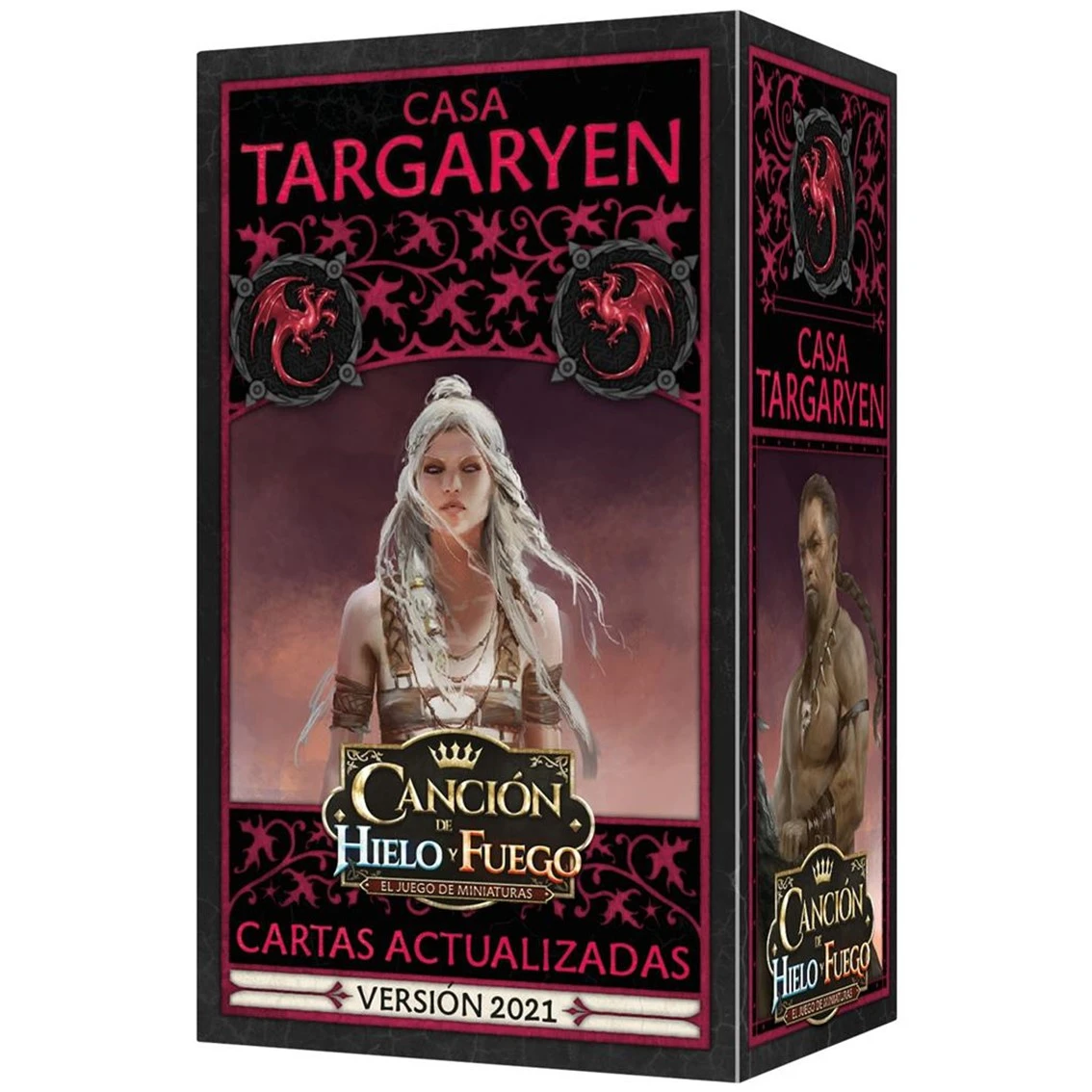 Arte de la caja del juego de cartas 'Canción de Hielo y Fuego'. Presenta a Daenerys Targaryen y a un hombre, con el logo Casa Targaryen.