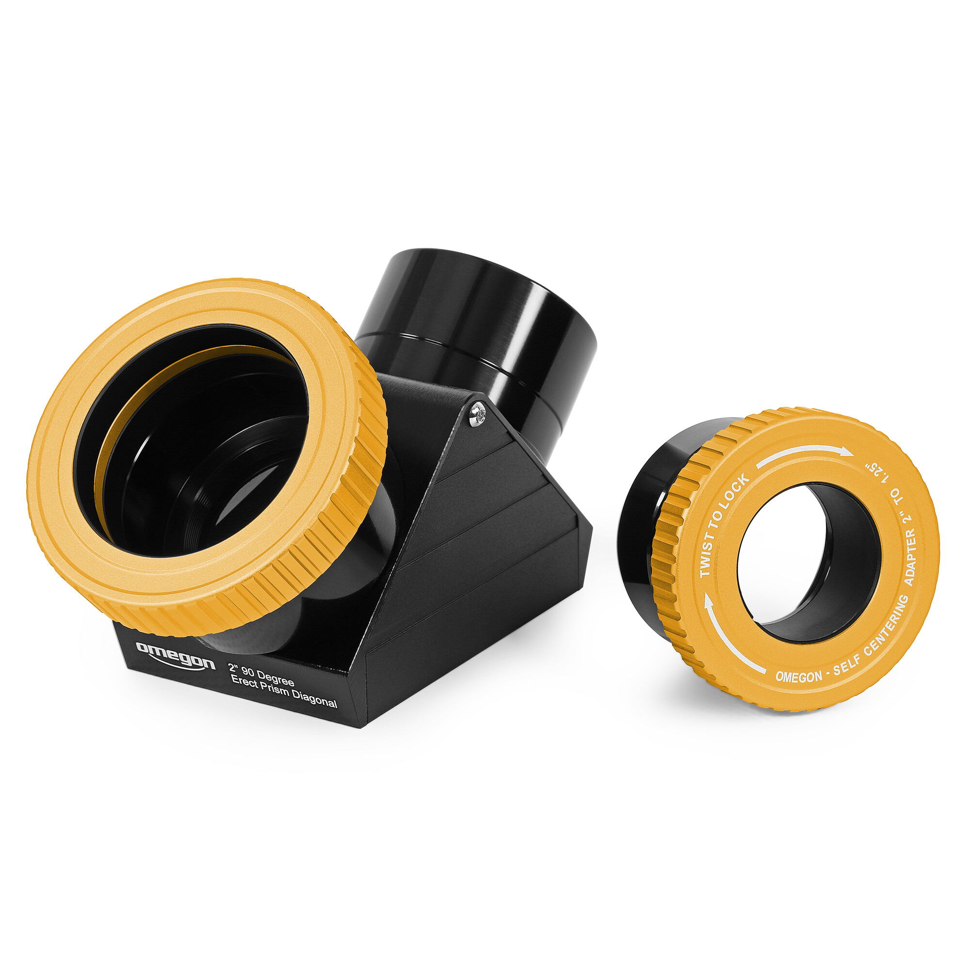 Ein Omegon-Teleskopprismendiagonal mit gelben Ringen und einem schwarzen Körper, zusammen mit einem separaten Adapter.