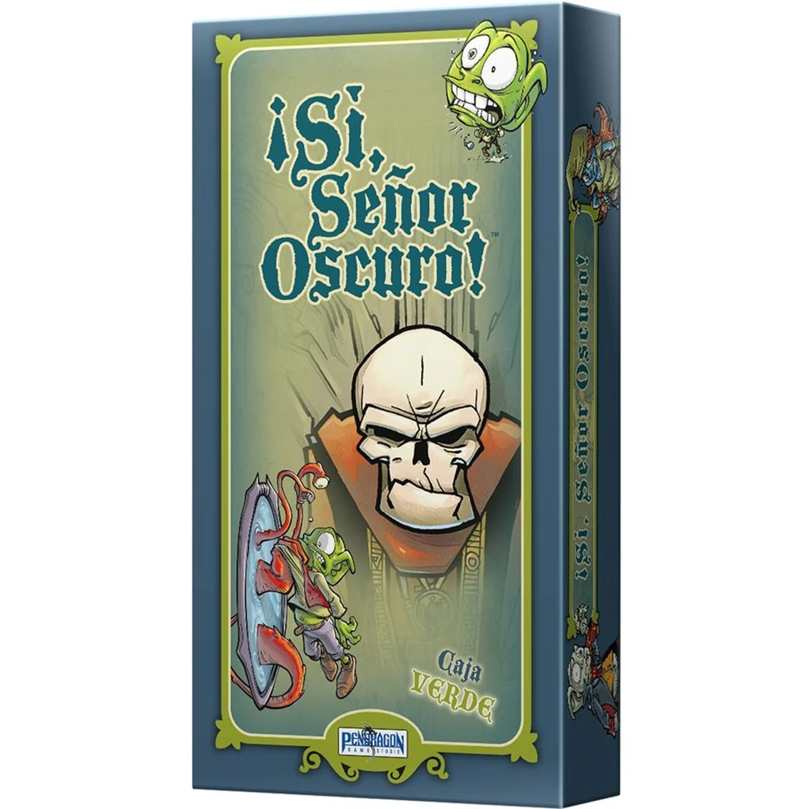 Pudełko z grą zatytułowane '¡Si, Señor Oscuro!'. Zawiera czaszkę, postacie z kreskówek i tekst 'Caja Verde'. Pudełko jest zielone i niebieskie.