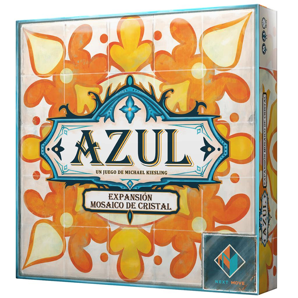 Die Azul-Brettspielbox. Sie hat orangefarbene und gelbe Blumenmuster mit dem Wort AZUL in der Mitte. Es ist eine Erweiterung.