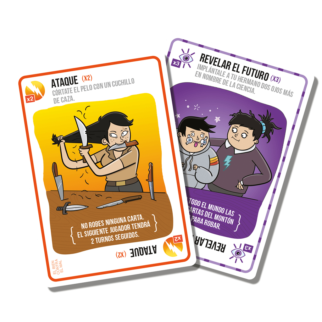 Dos cartas de juego. Una muestra a una persona cortándose el pelo con un cuchillo. La otra muestra a dos personas con ojos extra, uno con un rayo.