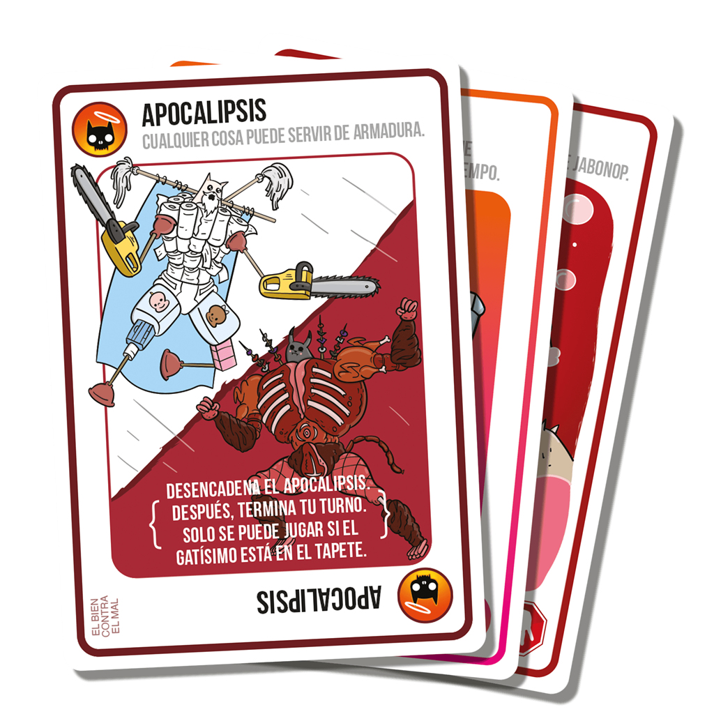 Juego de cartas con personajes de dibujos animados. Un monstruo con brazos de motosierra lucha contra un monstruo hecho de papel higiénico, desatascadores y biberones.