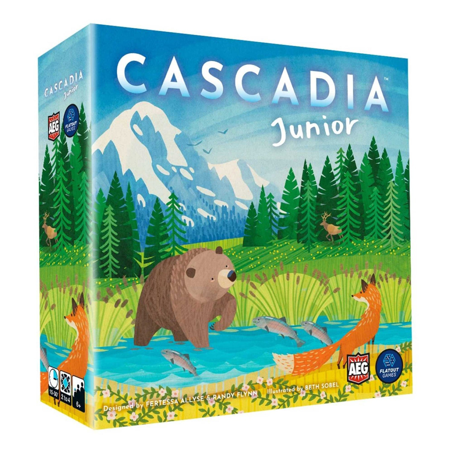 Cascadia Junior-Spielbox. Zeigt einen Bären, einen Fuchs und Fische in einer Flussszene. Berge, Bäume und der Spieletitel sind sichtbar.