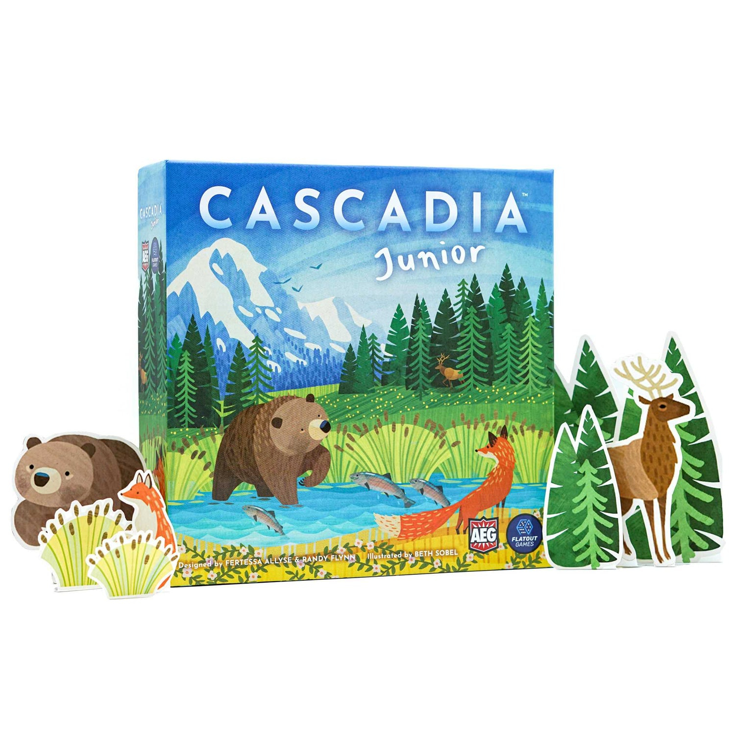 Das Cascadia Junior Brettspiel mit Waldtieren. Ein Bär, ein Fuchs und ein Hirsch sind vorne. Die Box zeigt eine Berglandschaft.