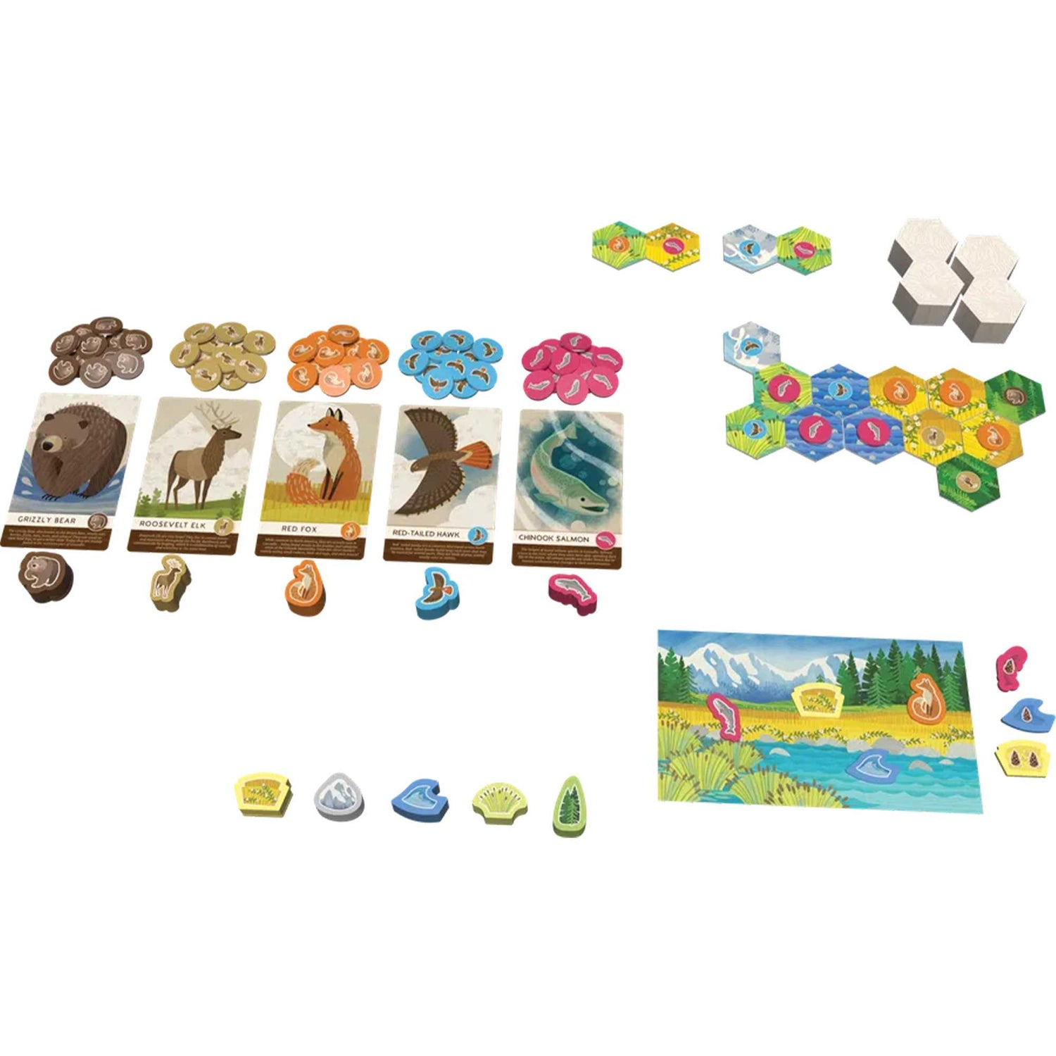 Brettspielkomponenten: Tierkarten, Spielsteine und Landschaftsplättchen sind auf einer weißen Oberfläche angeordnet, die verschiedene Tiere und Gelände darstellt.