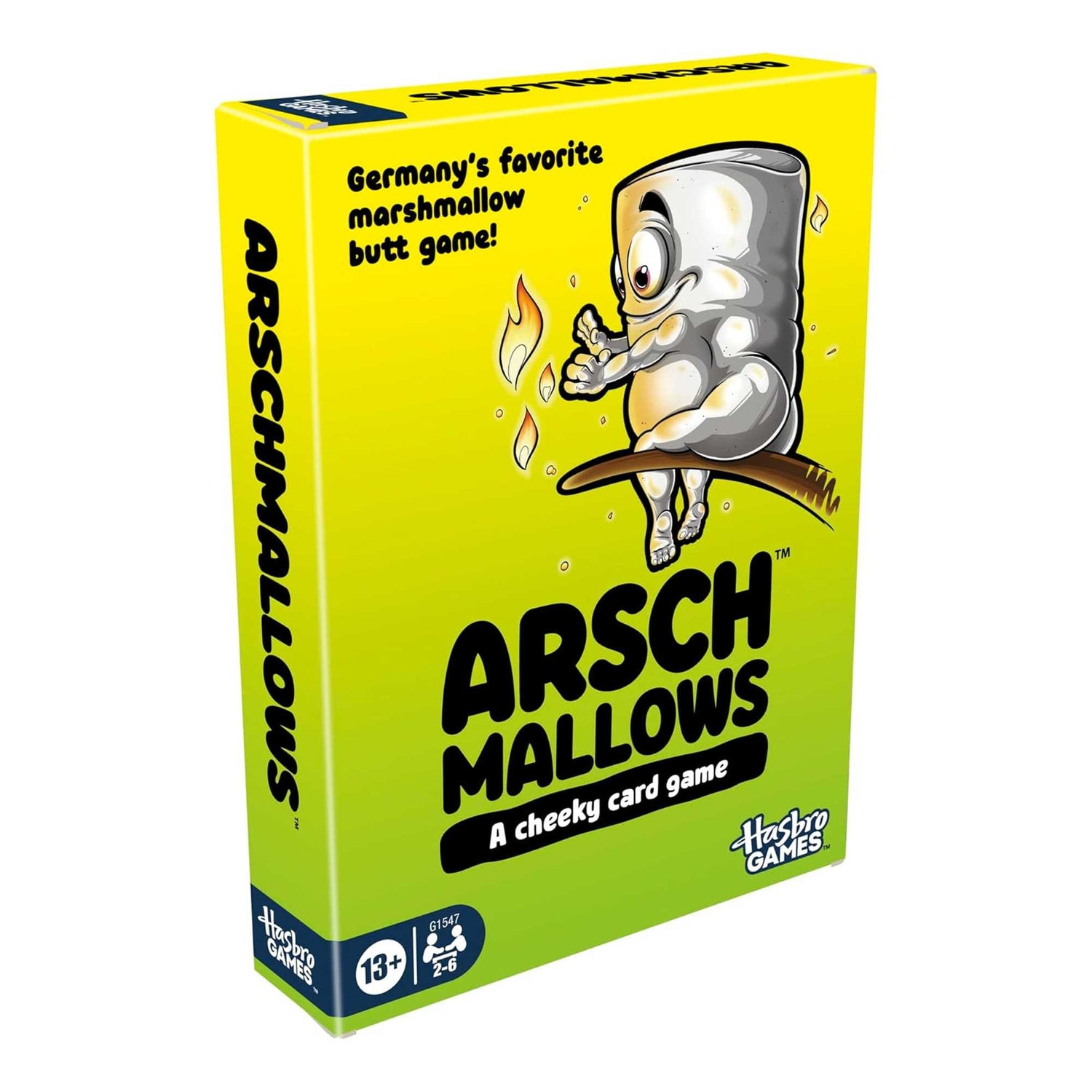 Schachtel des Arschmallows-Kartenspiels. Ein Marshmallow-Charakter sitzt auf einem Ast mit Flammen. Grün und Gelb werden verwendet.