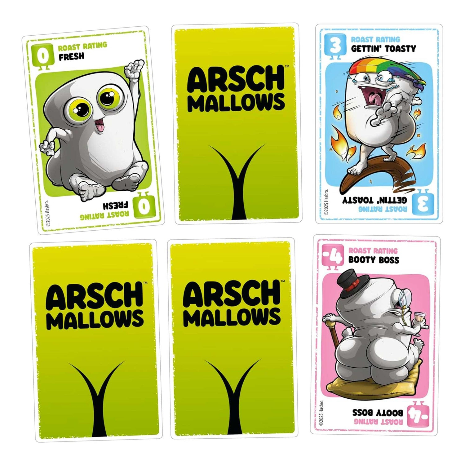 Sechs Karten mit Marshmallow-Charakteren. Einige Karten zeigen Bewertungen und Text, andere nur den Namen 'Arsch Mallows' auf Grün.
