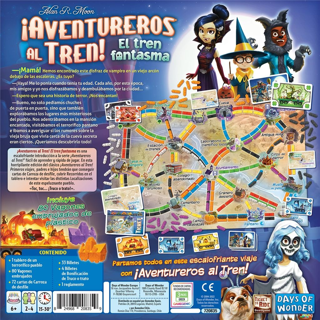 Portada del juego de mesa: personajes de dibujos animados en un mapa. Título: ¡Aventureros al Tren! El tren fantasma.