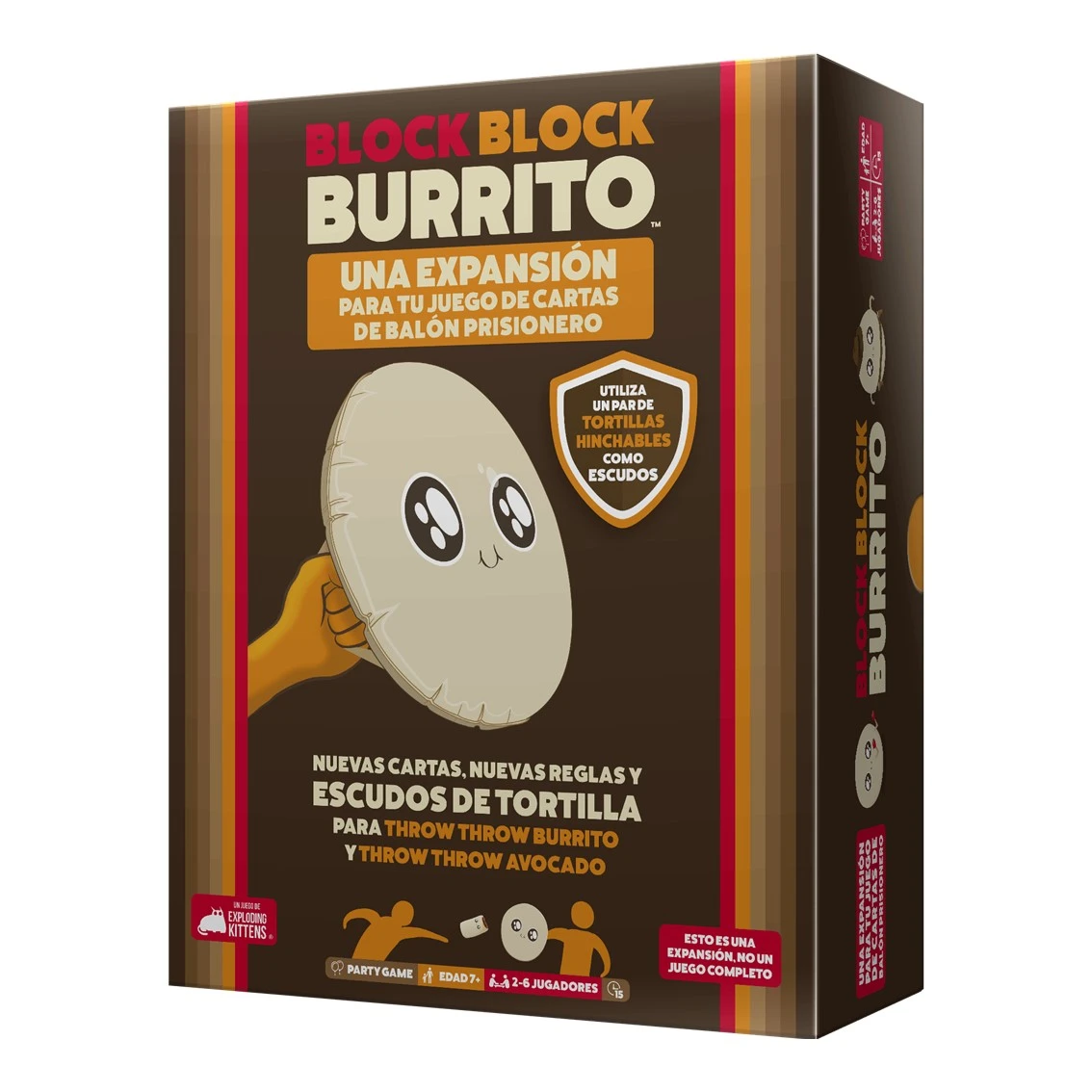 Pudełko gry Block Block Burrito, pokazujące kreskówkową tarczę z tortilli. Tekst w języku hiszpańskim, szczegóły dotyczące rozszerzenia gry.