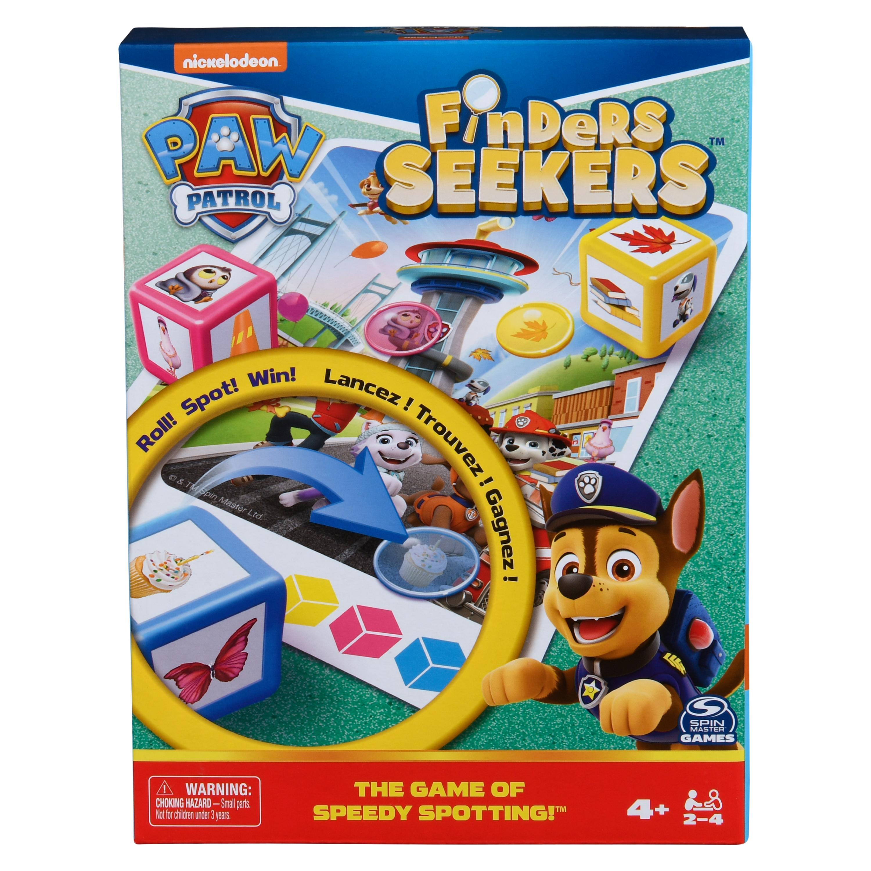 Paw Patrol Finders Seekers Spielbox. Enthält Chase, Würfel und Spielbrett. Text enthält 'Speedy Spotting!'.