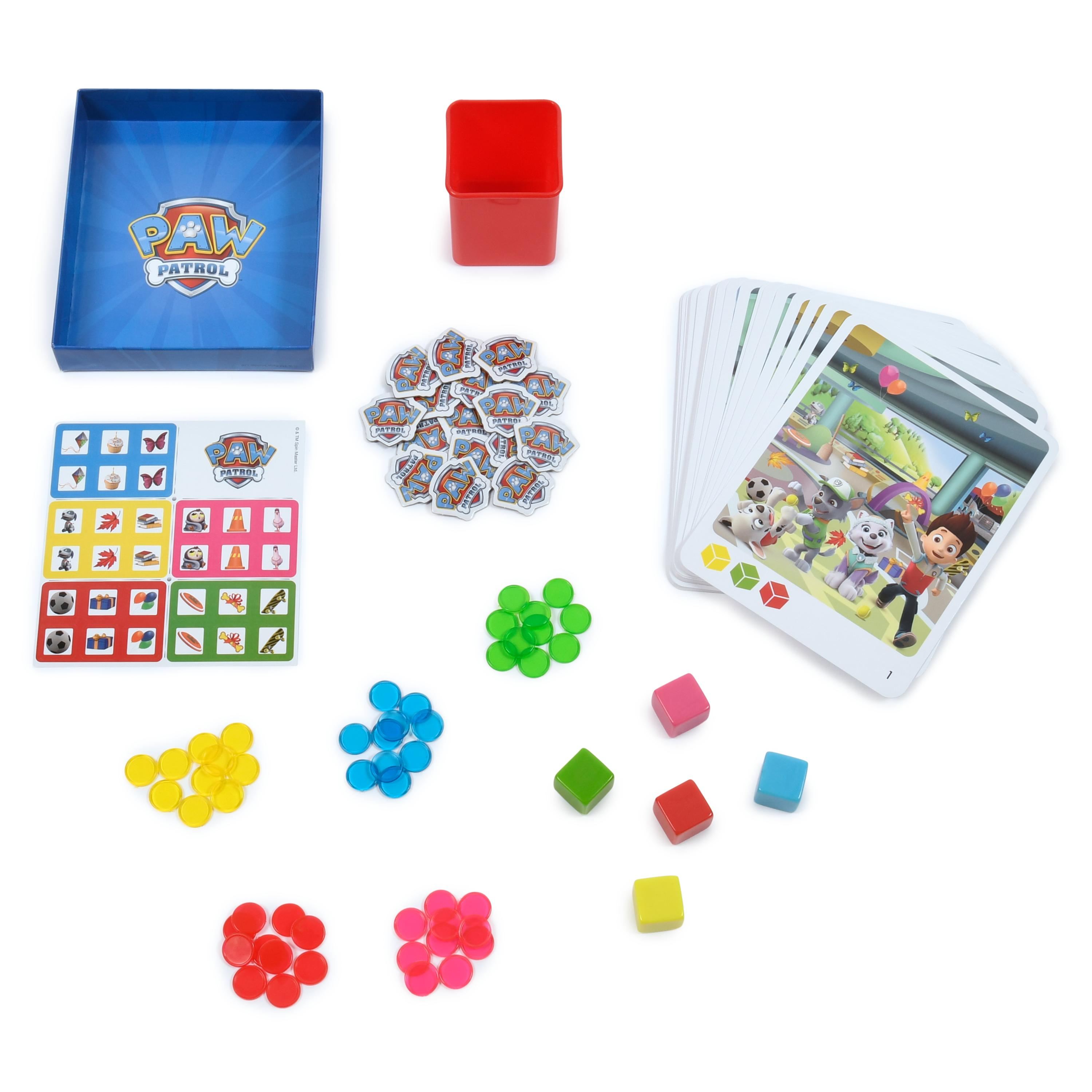 Paw Patrol Brettspiel mit Schachtel, Karten, Spielsteinen und Würfeln. Farben sind blau, rot, gelb, grün und rosa.