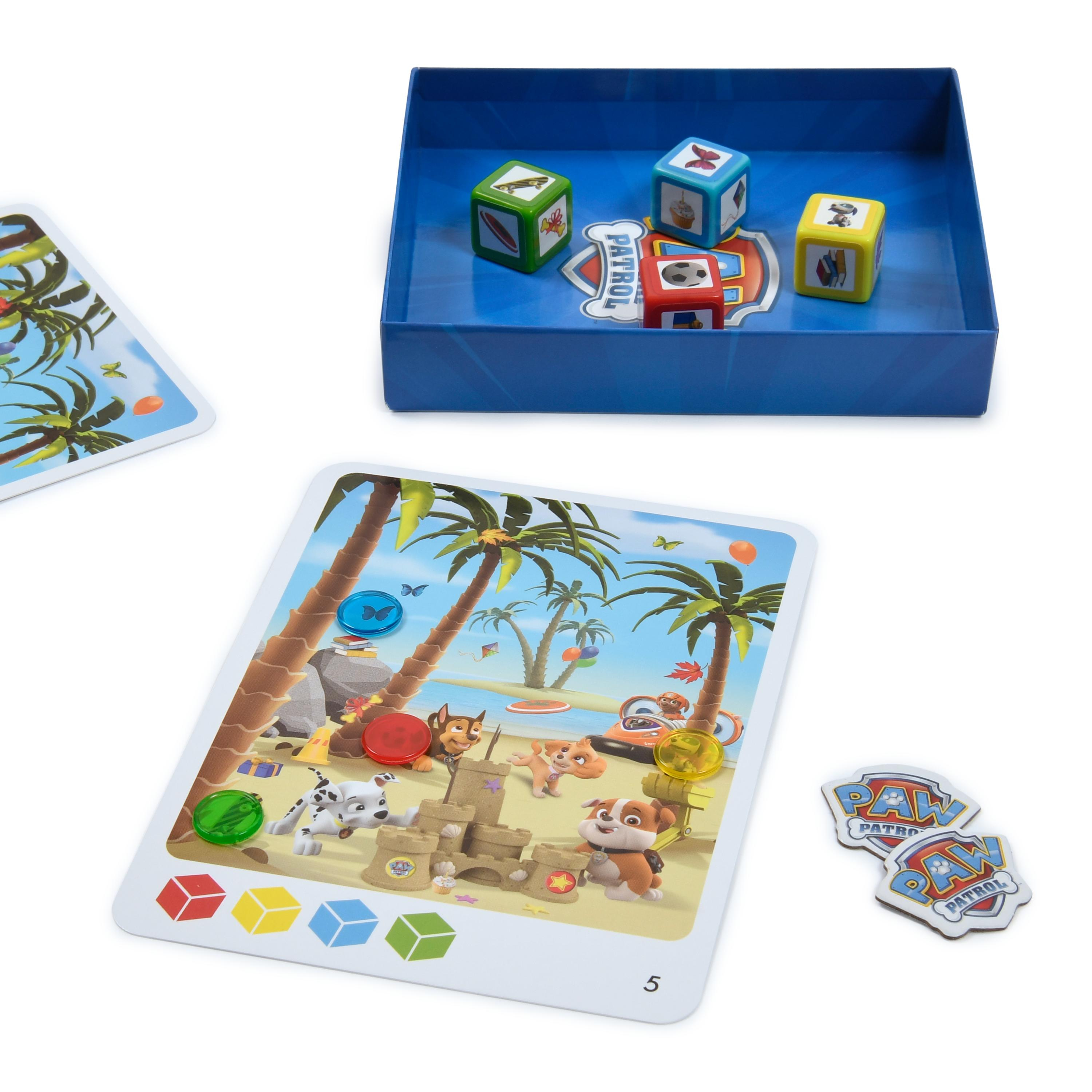 Paw Patrol Brettspiel. Enthält Karten, Würfel und Spielsteine mit einer Strandszene. Spielsteine sind in einer blauen Box.