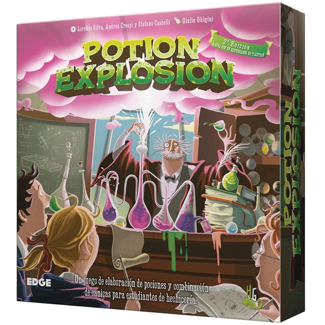 Schachtelkunst für das Brettspiel Potion Explosion. Enthält einen Zauberer, Studenten und bunte Zaubertränke. Der Titel ist prominent dargestellt.