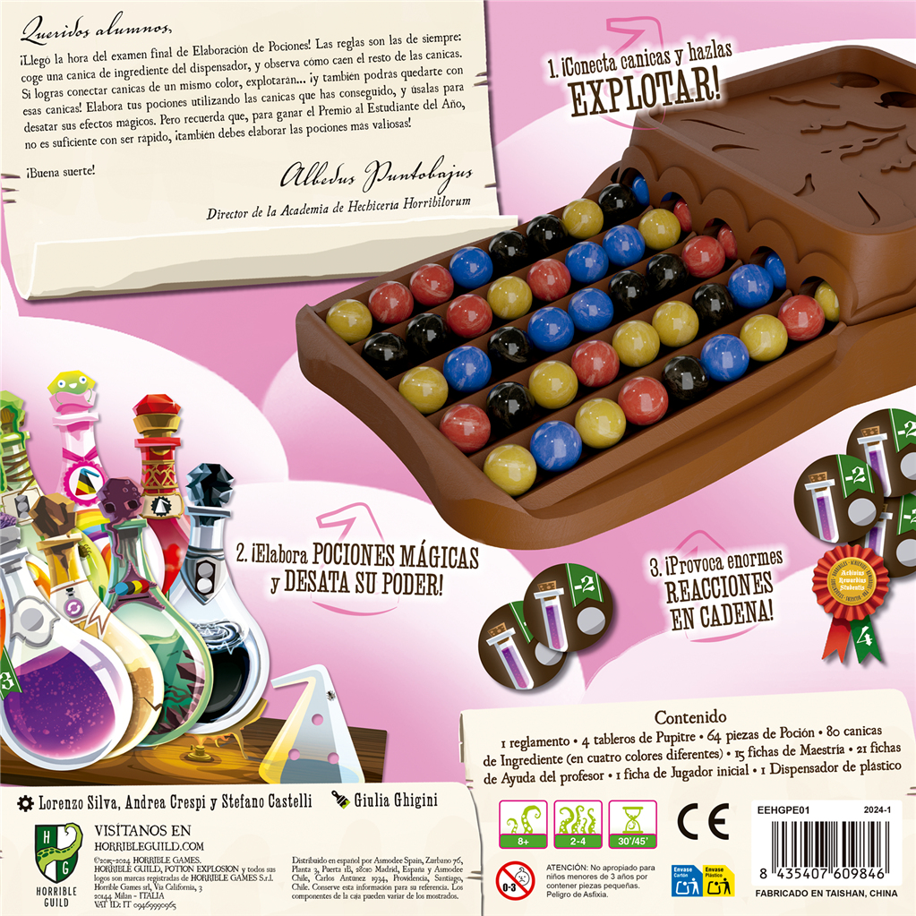 Brettspielbox mit bunten Murmeln, Trankflaschen und Text. Das Spiel heißt Potion Explosion.